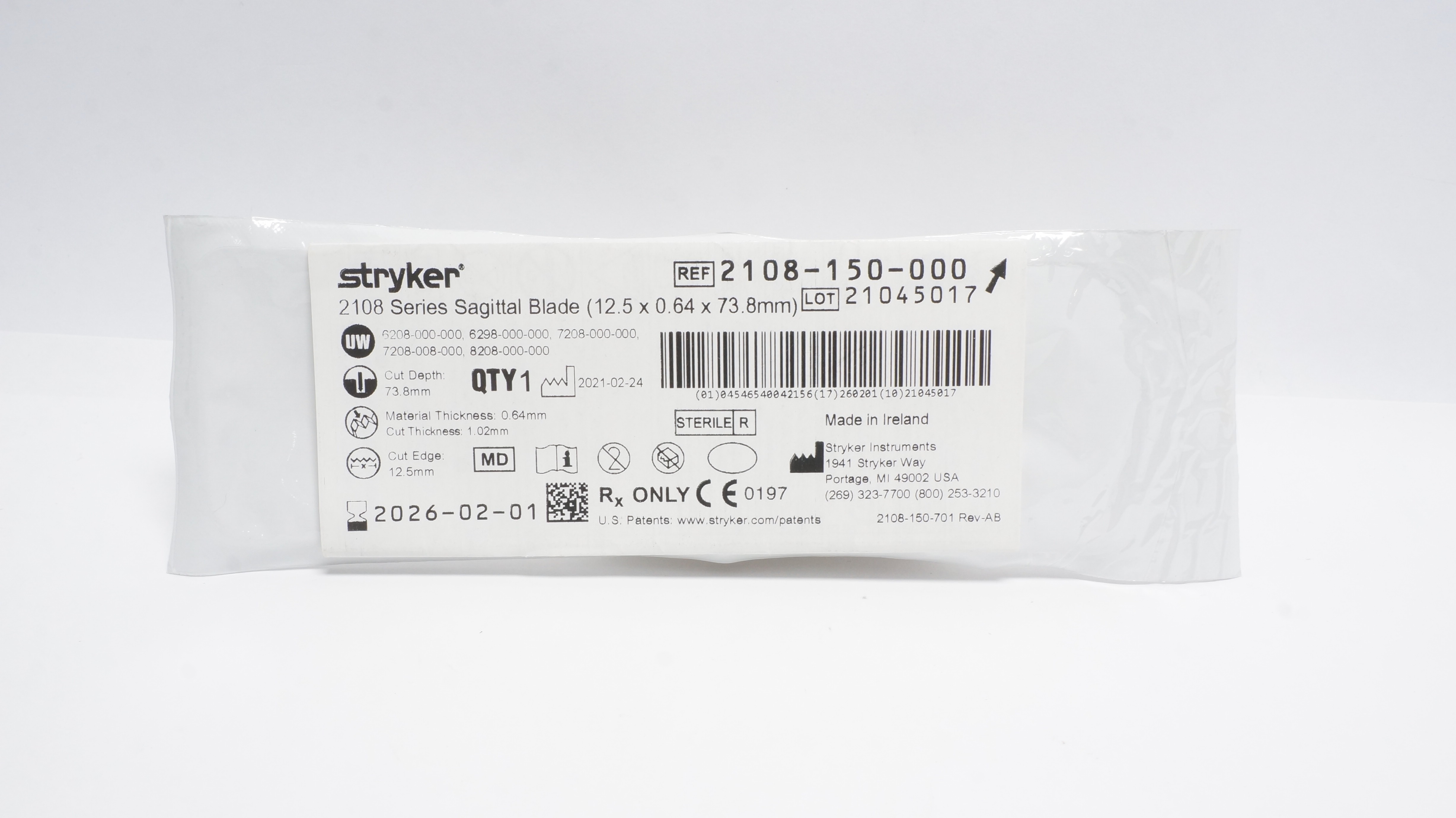 Stryker 2108-150-000 2108 Series Sagittal Blade 12.5 x 0.64 x 73.8mm (x)