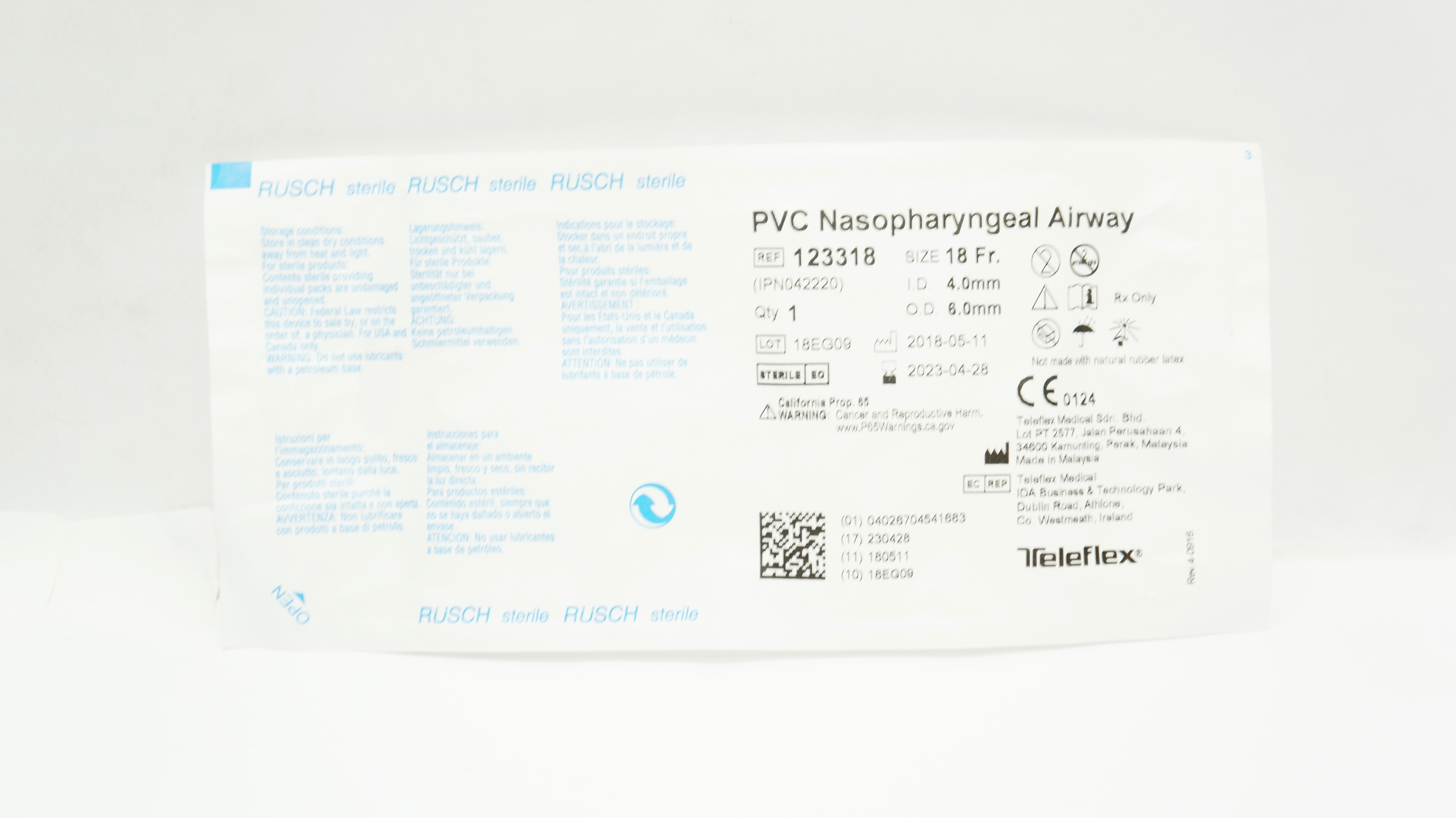 Teleflex 123318 Rusch PVC Nasopharyngeal Airway 18Fr x ID 4.0mm x OD 6.0mm (x)