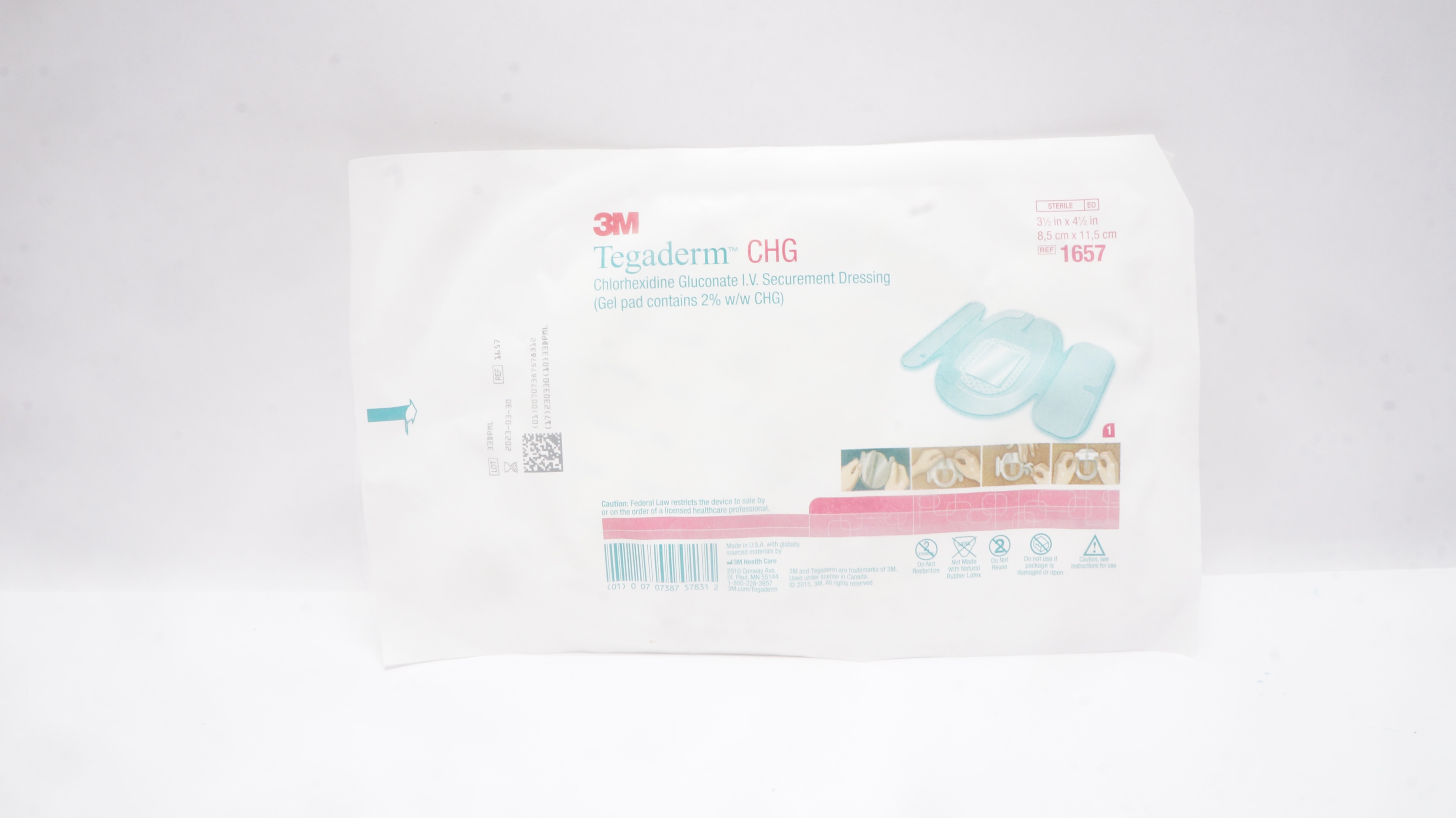 3M 1657 CHG Chlorhexidine Gluconate I.V. Securement Dressing 3-1/2x 4-1/2inch(x)