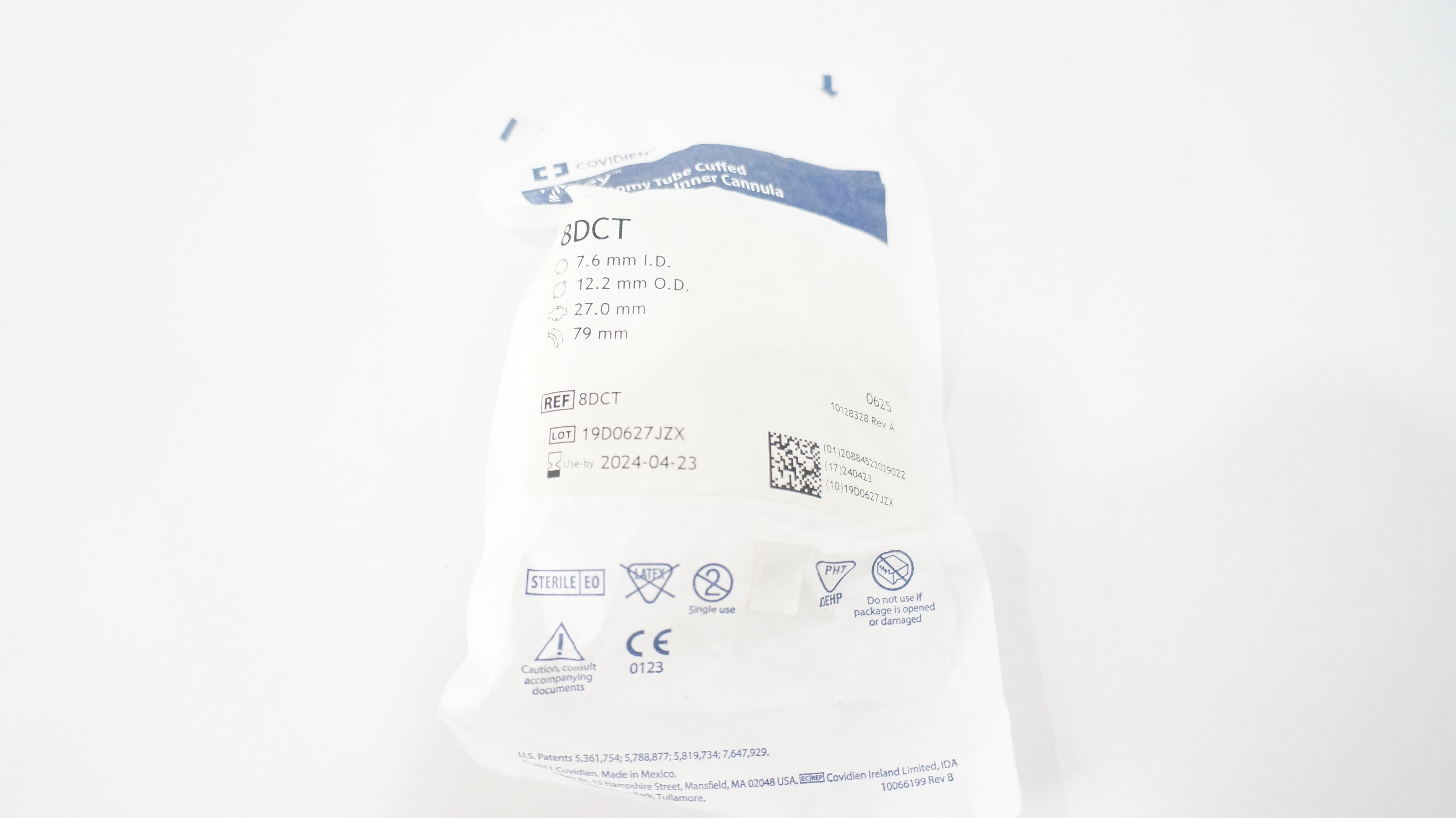 Covidien 8DCT Shiley Tracheostomy Tube Cuffed 7.6mm x 12.2mm x 27.0mm x 79mm