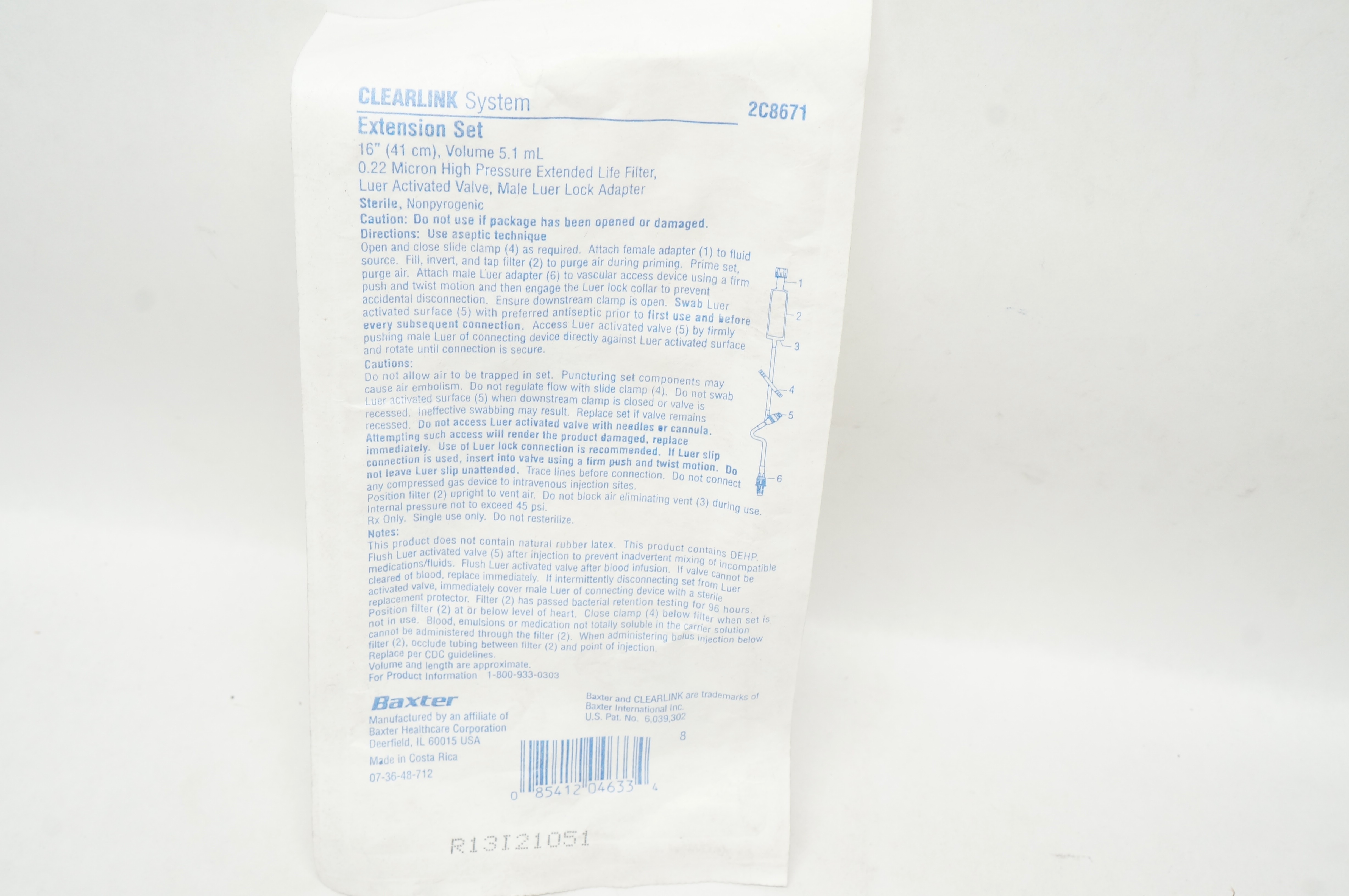 Baxter 2C8671 Clearlink System Extension Set 16 inch x 5.1 mL, 0.22Micron Filter