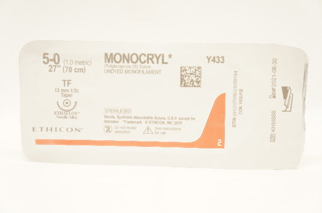 Ethicon Y433 5-0 MONOCRYL Stre Undyed Monofilament TF 13mm 1/2c Taper, 27in. (x)