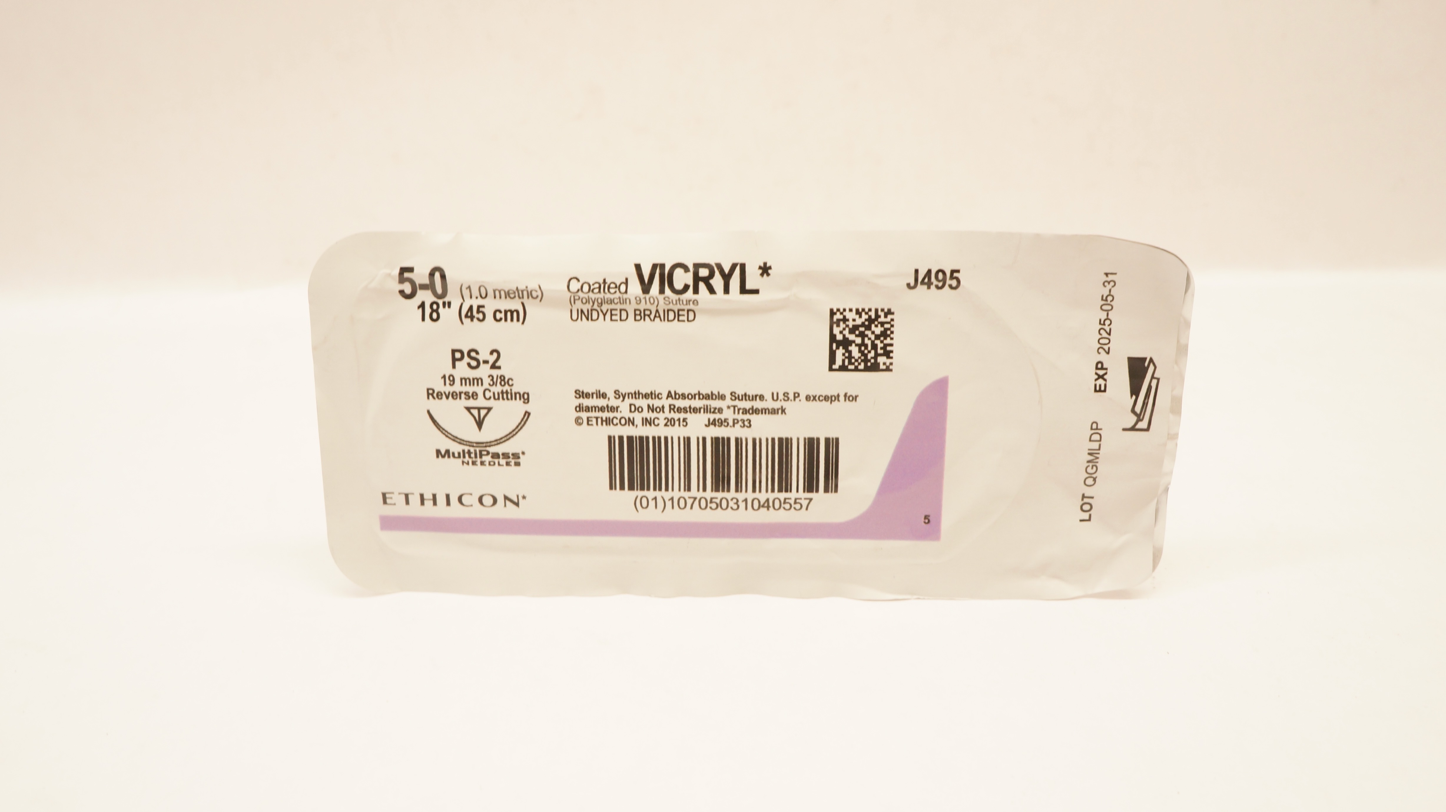 Ethicon J495 5-0 Coated Vicryl Stre PS-2 19mm 3/8c Reverse Cutting, 18inch