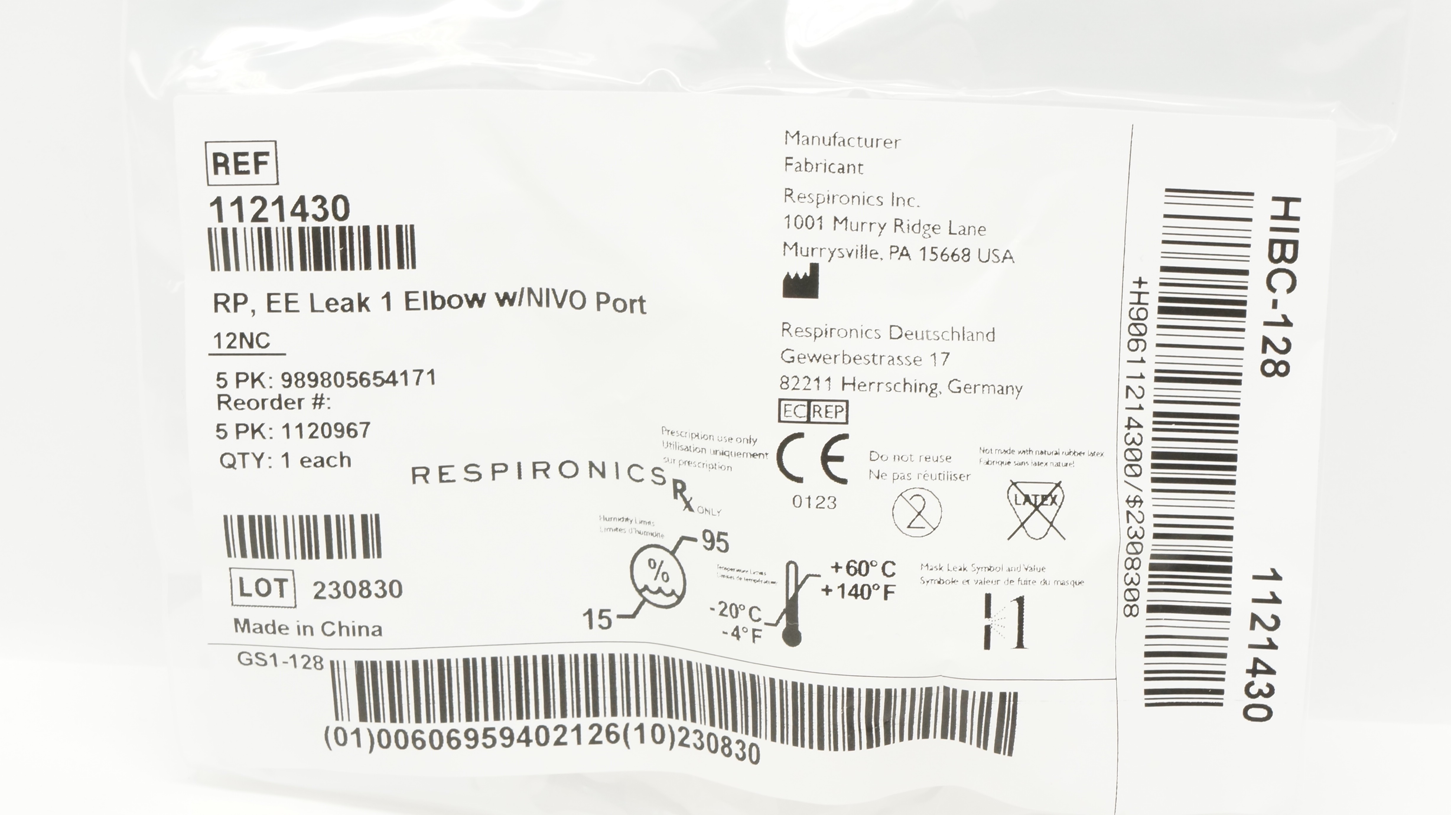 Respironics 1121430 RP EE Leak 1 Elbow w/NIVO Port