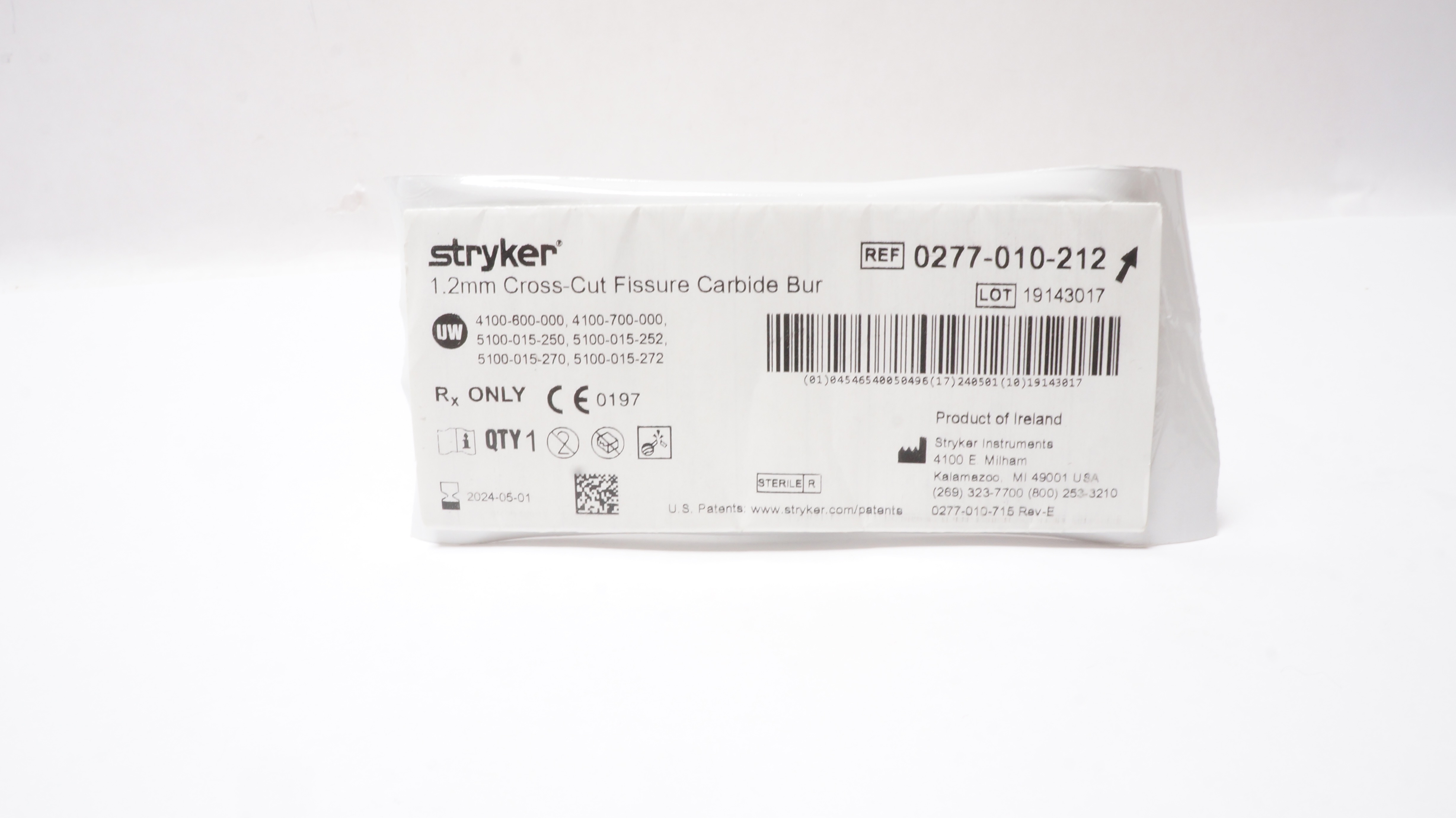 Stryker 0277-010-212 Cross-Cut Fissure Carbide Bur 1.2mm