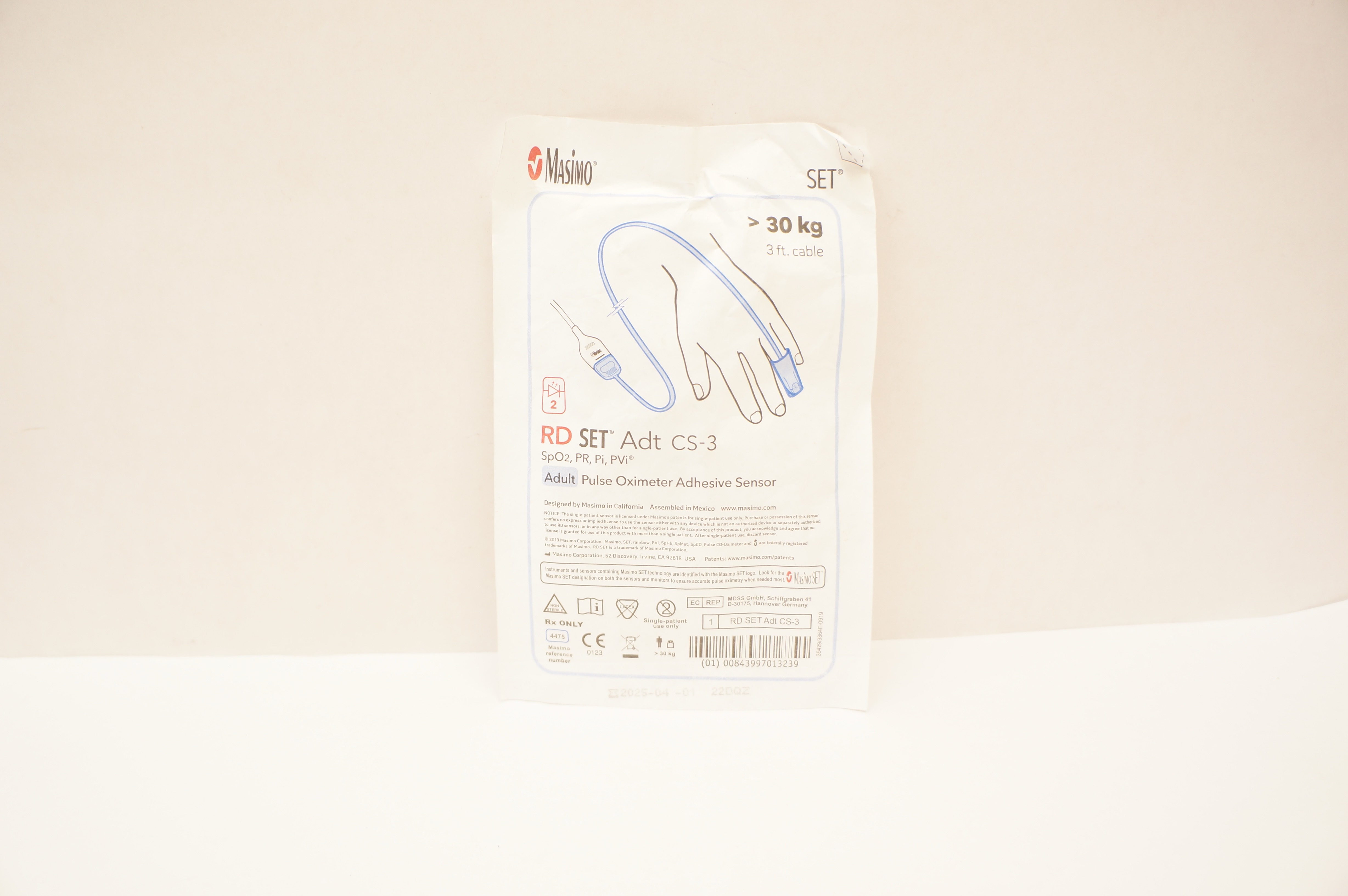Masimo 4475 RD Set Adt CS-3 Adult Pulse Oximeter Adhesive Sensor >30 kg