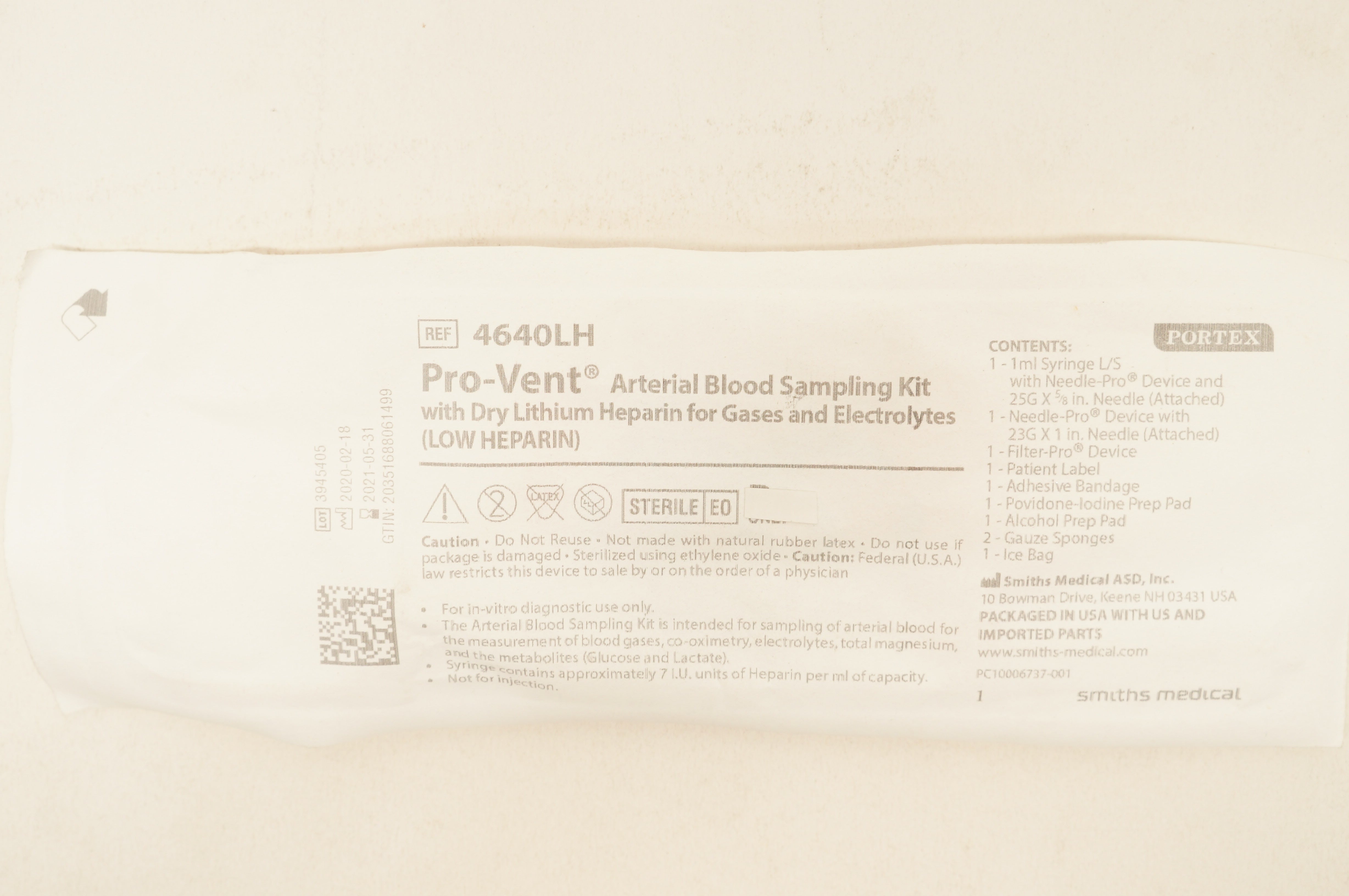 Smiths Medical 4640LH Pro-Vent Arterial Blood Sampling Kit (x)