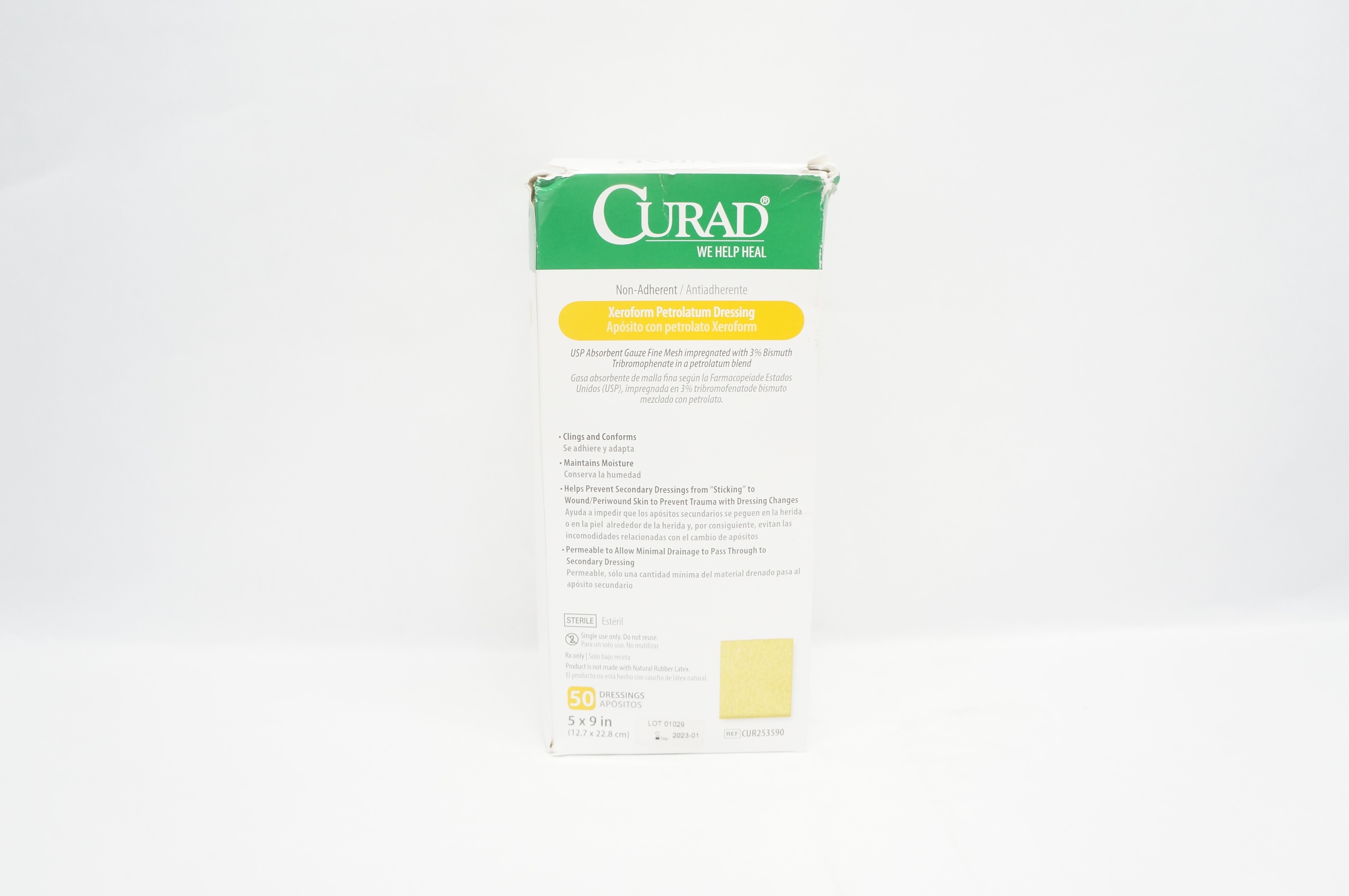 Medline CUR253590 Curad Xeroform Petrolatum Dressing 5inch x 9inch - Box of 50