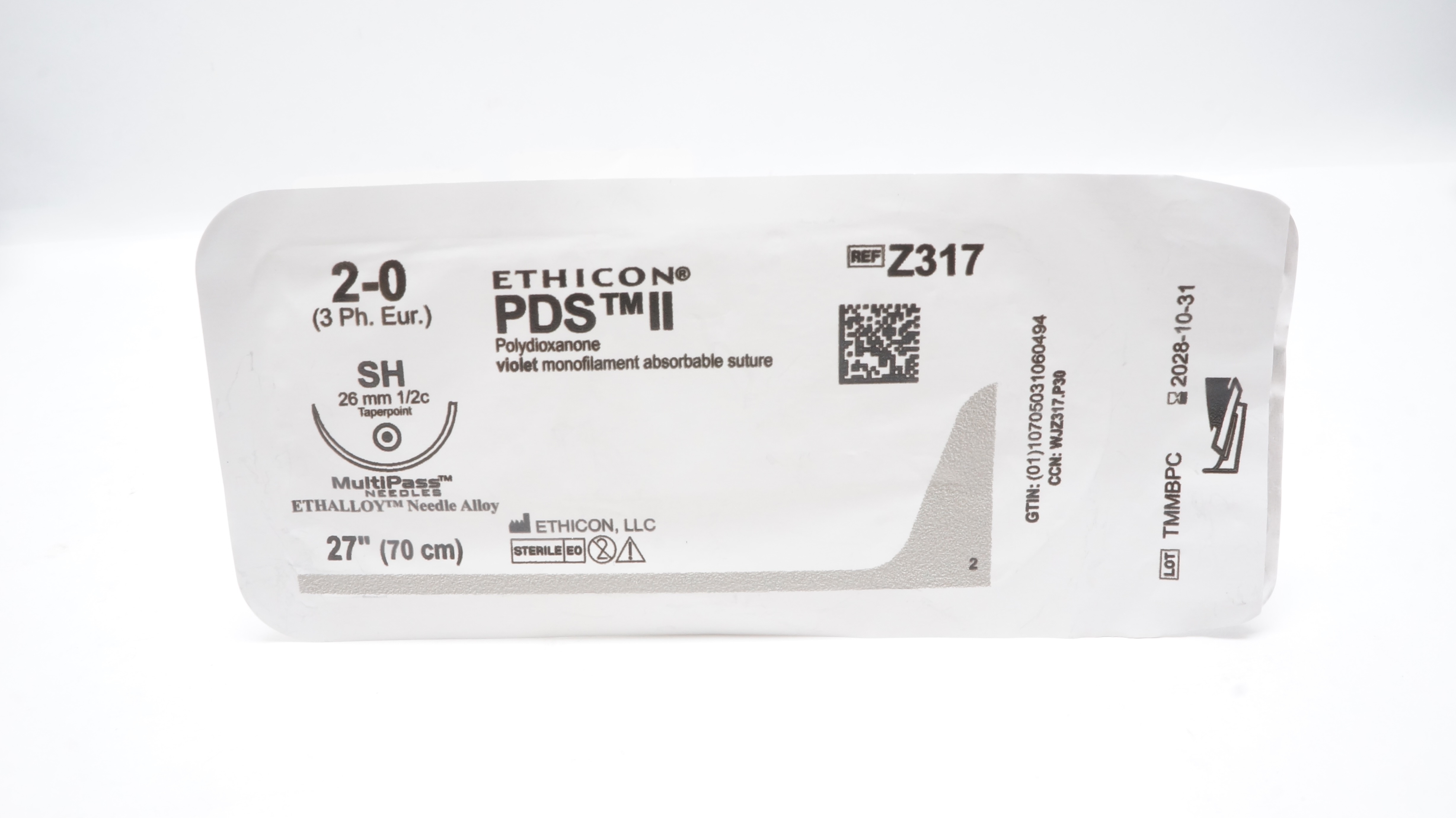 Ethicon Z317 2-0 PDS II Polydioxanone Stre SH 26mm 1/2c Taperpoint, 27inch (x)