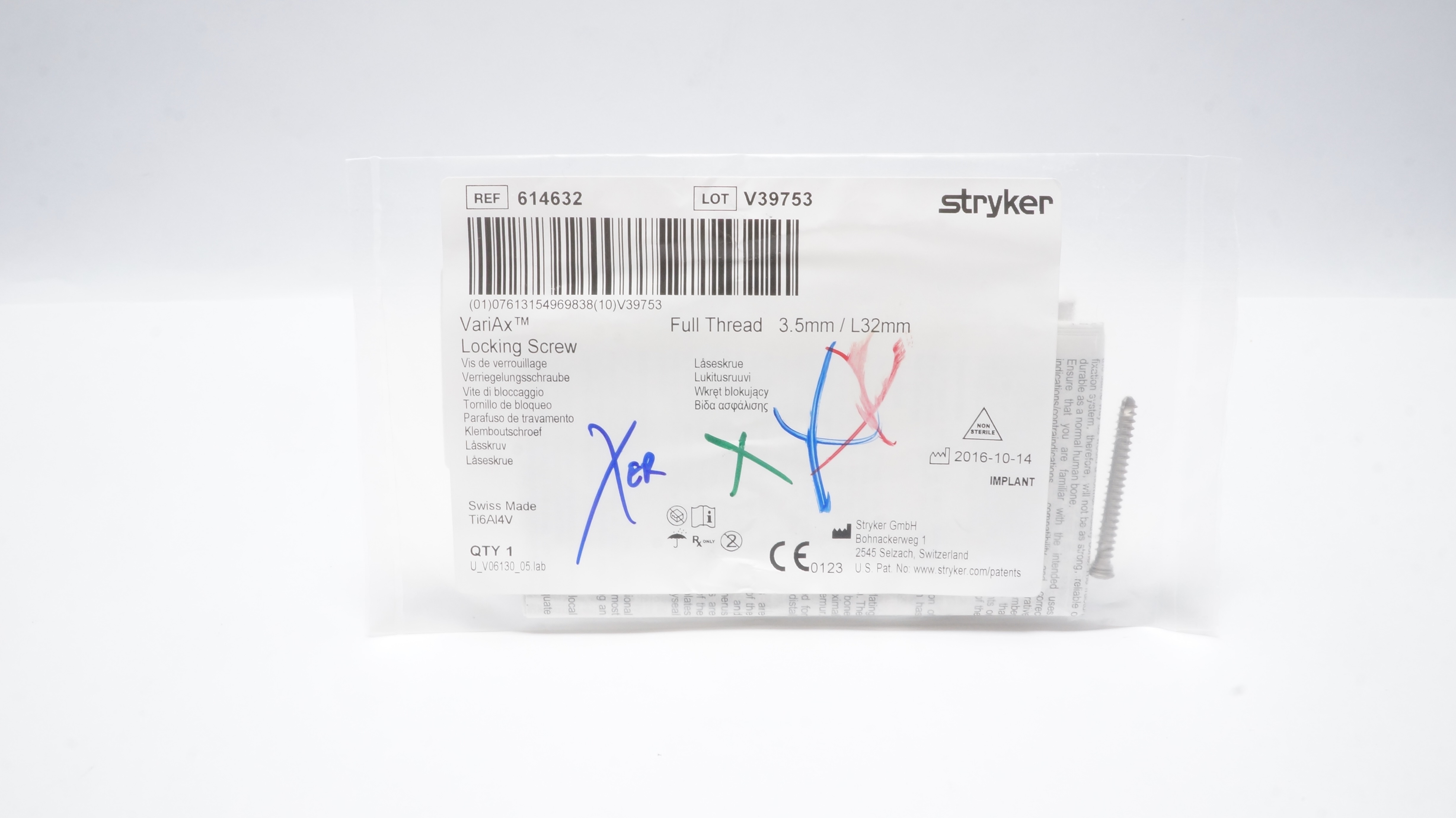 Stryker 614632 VariAx Locking Screw , Full Thread 3.5mm/ L32mm
