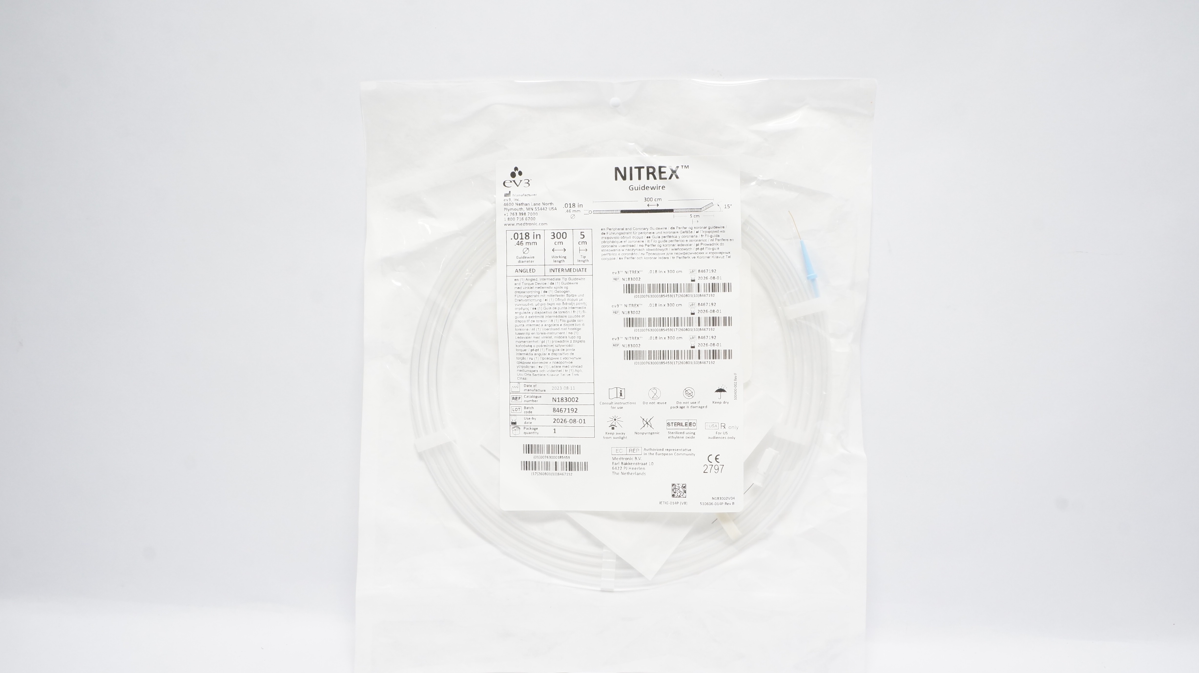Ev3 N183002 Nitrex Guidewire 0.018inch x 300cm, Angled