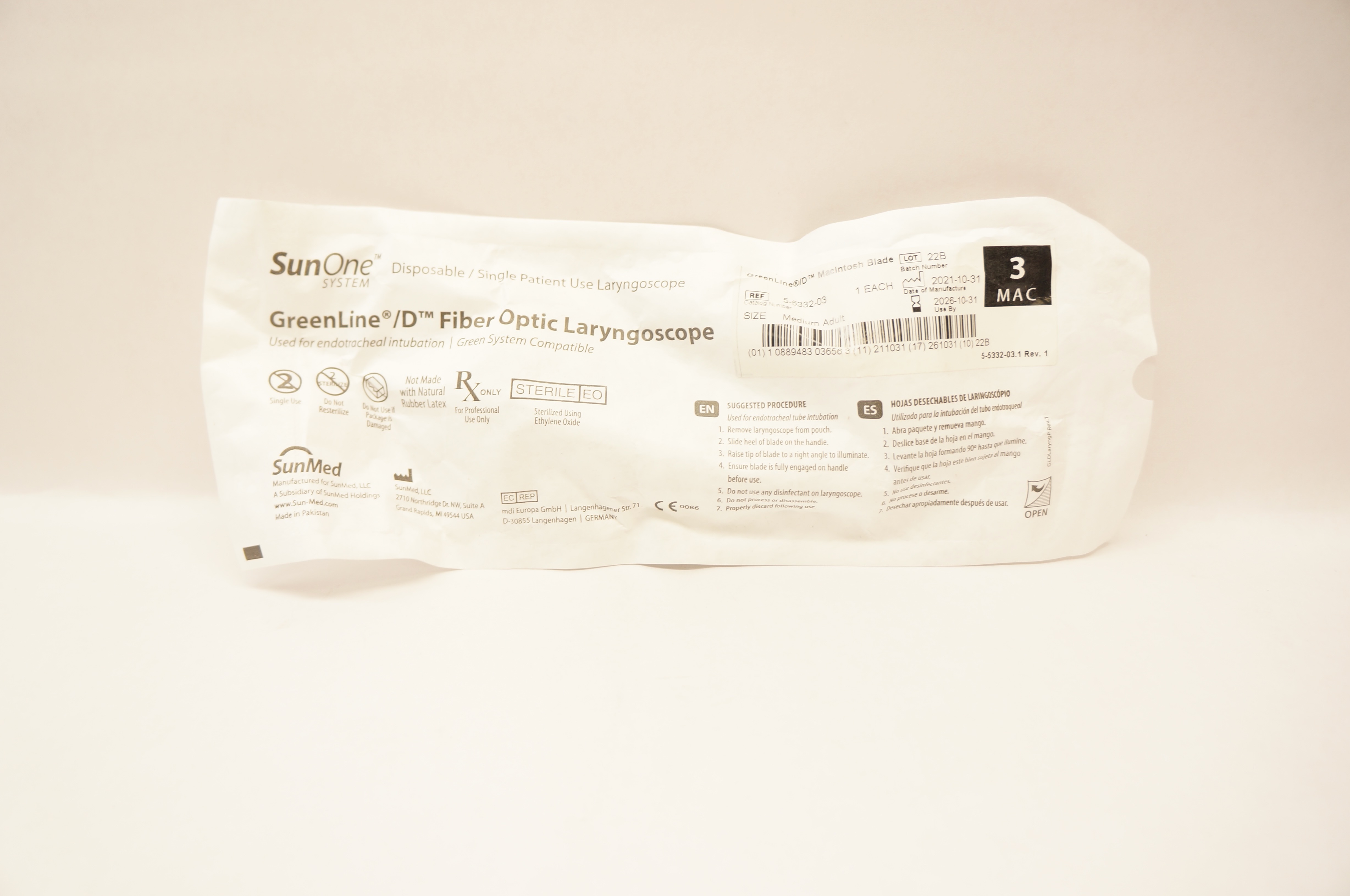 SunMed 5-5332-03 GreenLine/D, Fiber Optic Laryngoscope Blade, Size 3MAC