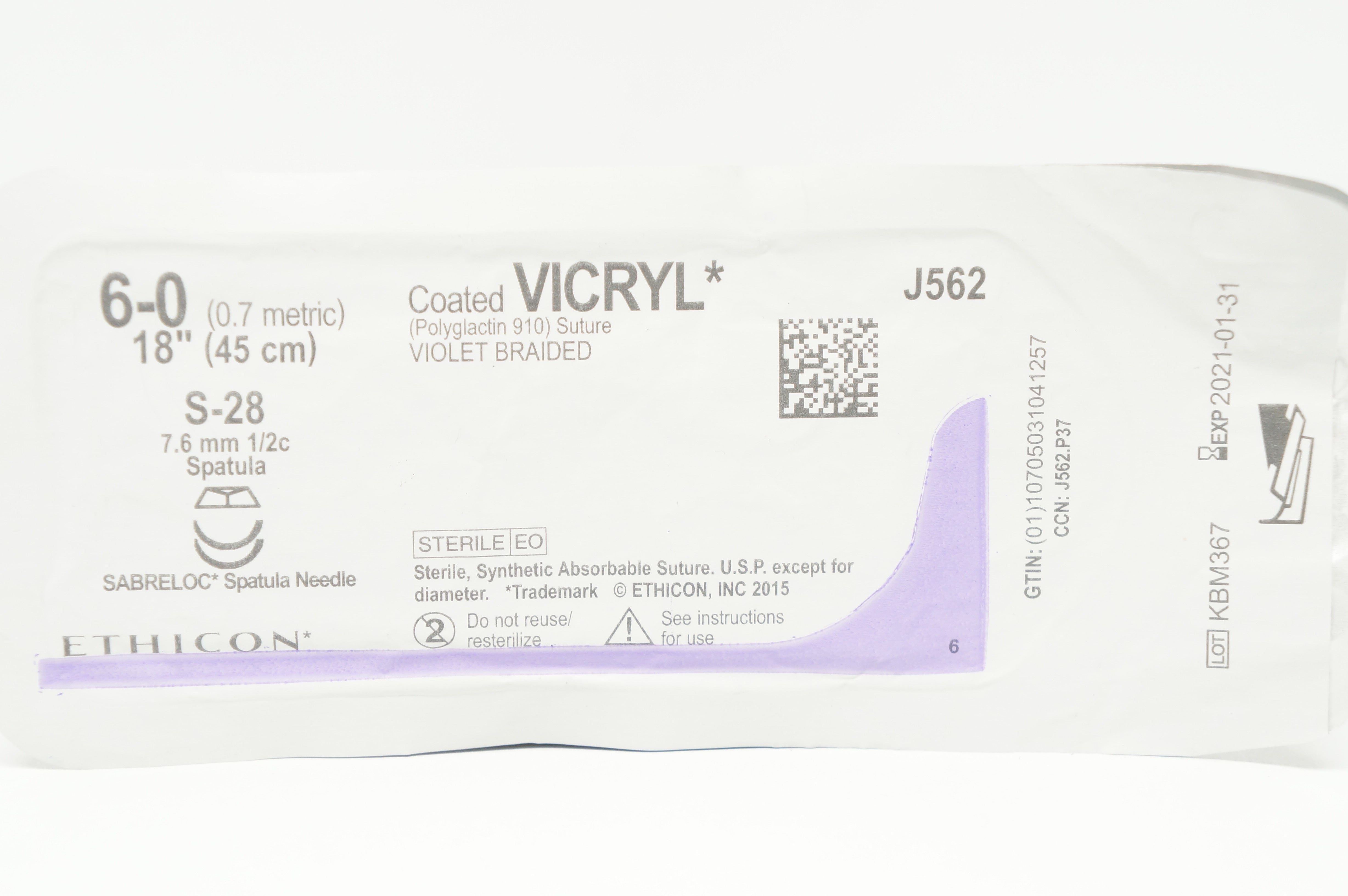 Ethicon J562 6-0 Coated VICRYL Stre S-28 7.6mm 1/2c Spatula, 18inch (x)