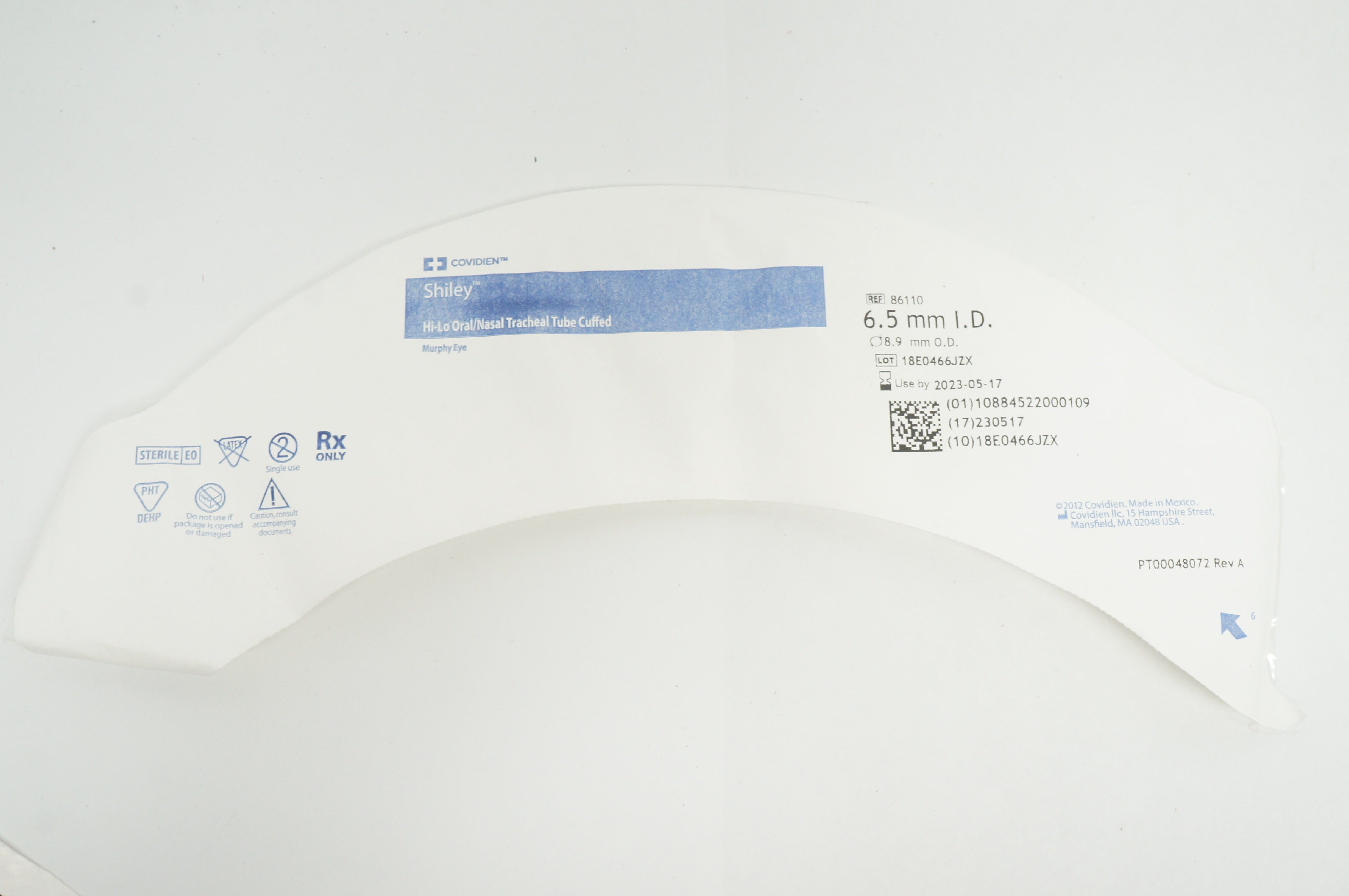 Covidien 86110 Shiley Hi-Lo Oral/Nasal Tracheal Tube Cuffed 6.5mm ID x 8.9mm OD