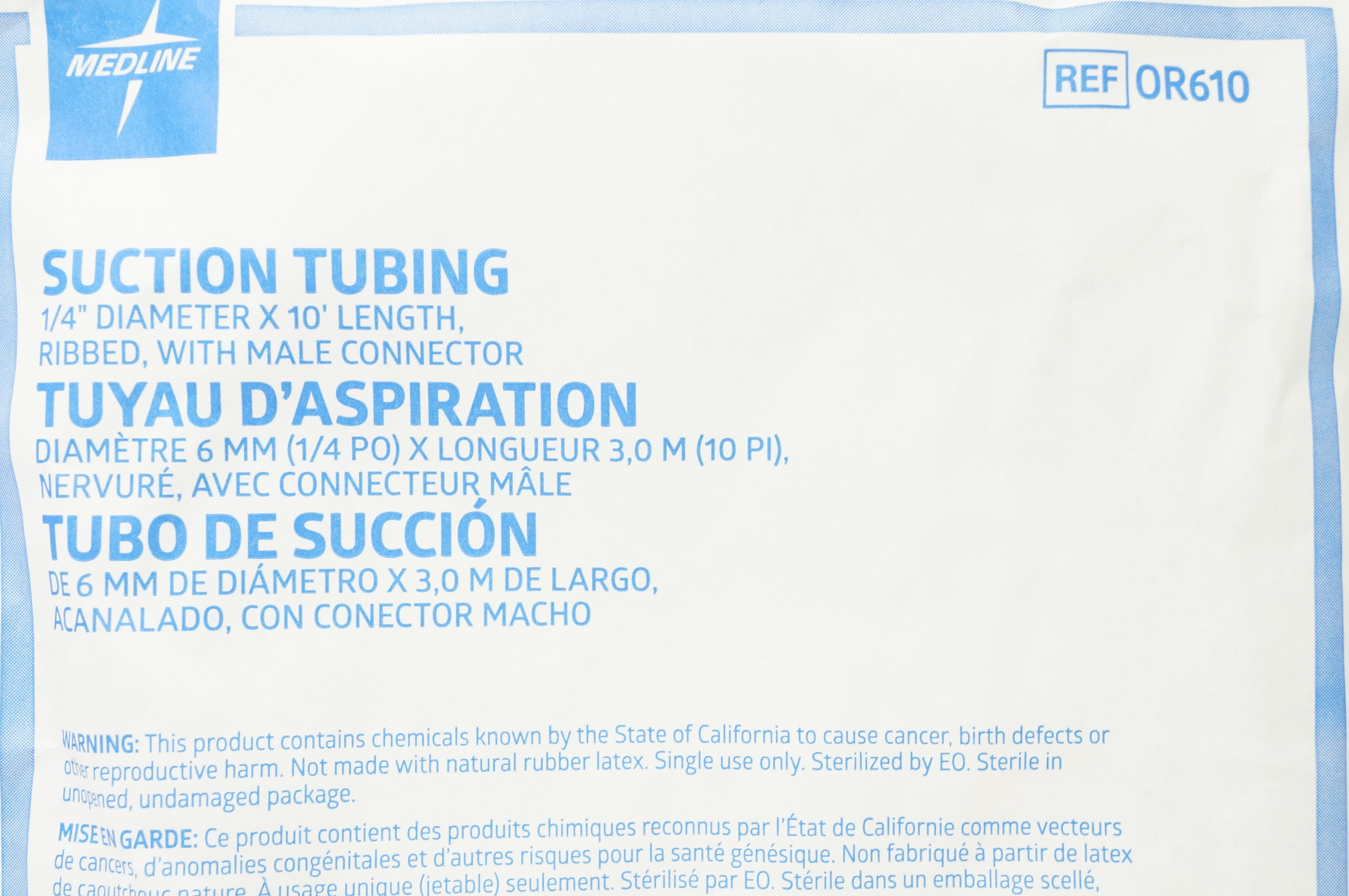 Medline OR610 Suction Tubing 1/4 inch x 10 Ft. Ribbed, with Male Connector