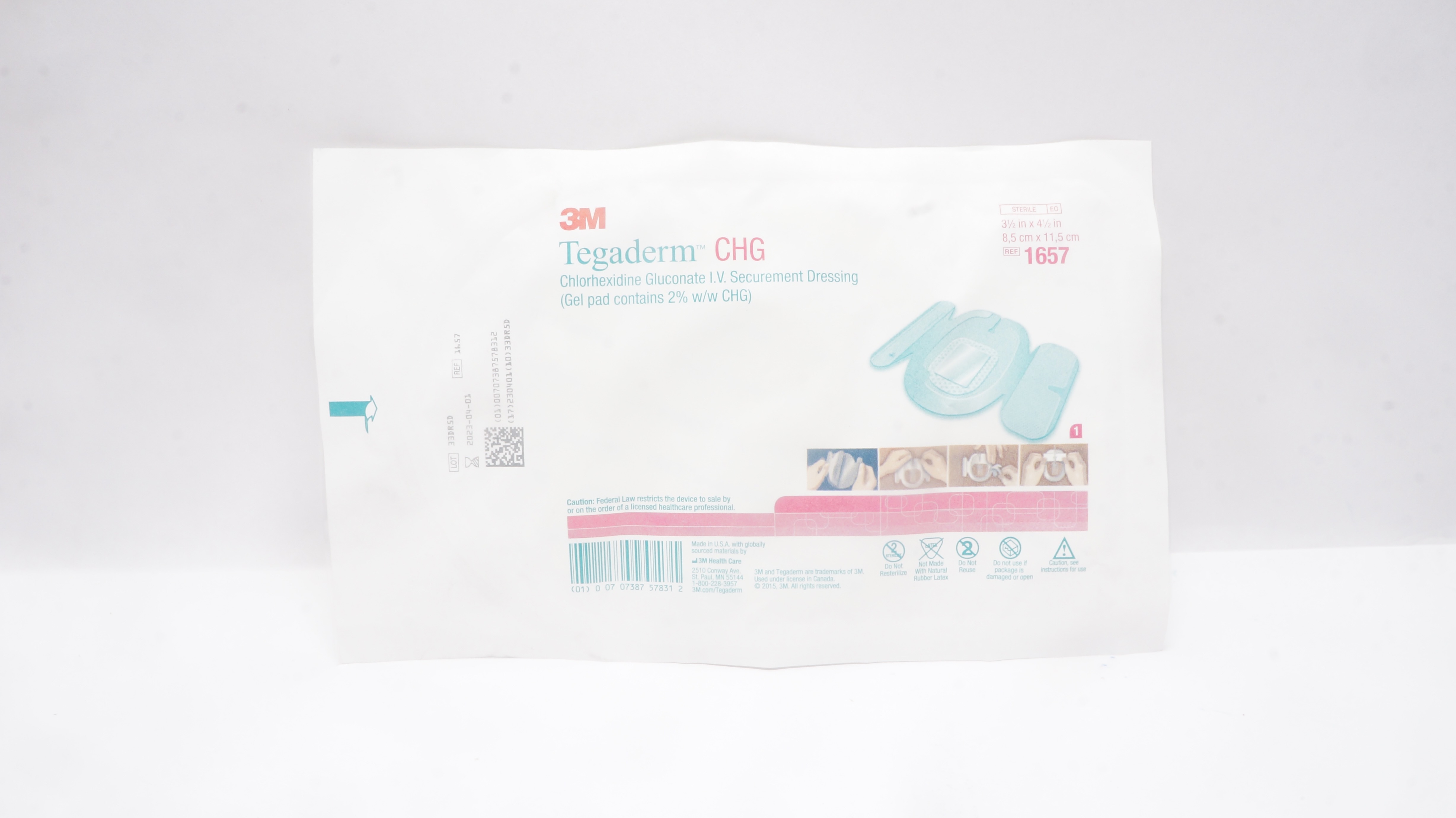 3M 1657 CHG Chlorhexidine Gluconate I.V. Securement Dressing 3-1/2x 4-1/2inch(x)