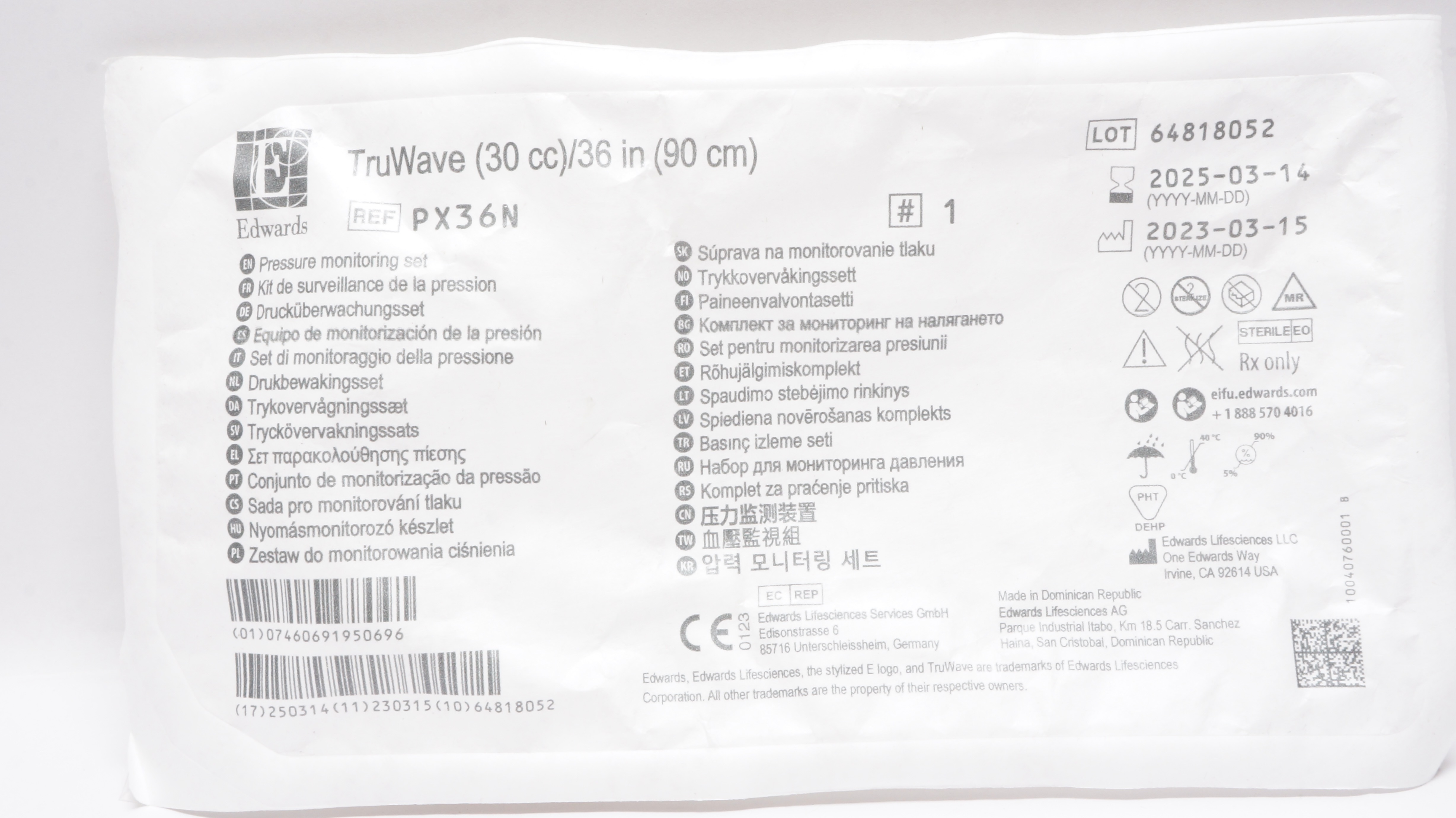 Edwards Lifesciences PX36N TruWave Pressure Monitoring Set 30cc, 36inch