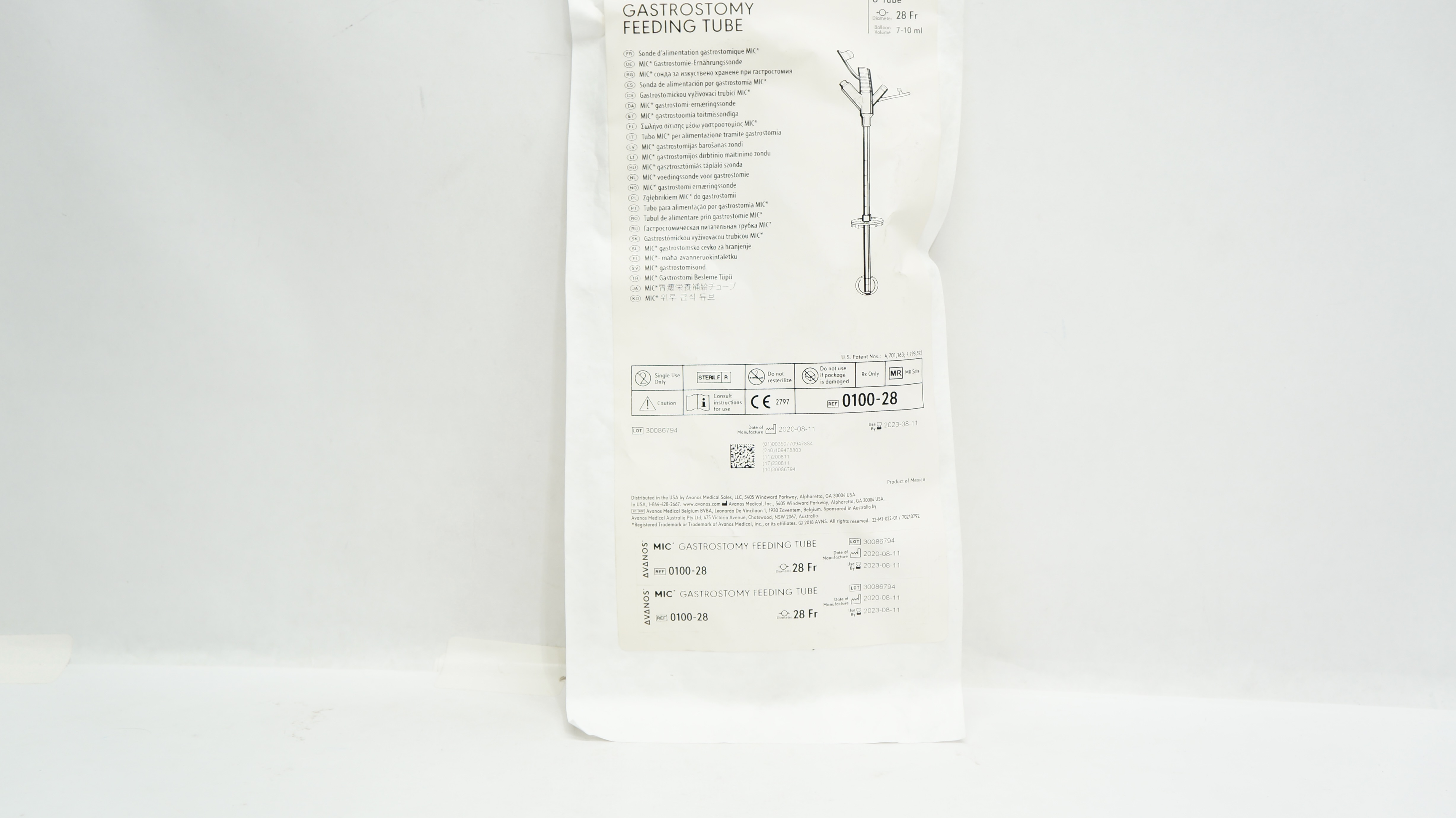 Avanos 0100-28 MIC Gastrostomy Feeding Tube 28Fr x 7-10mL