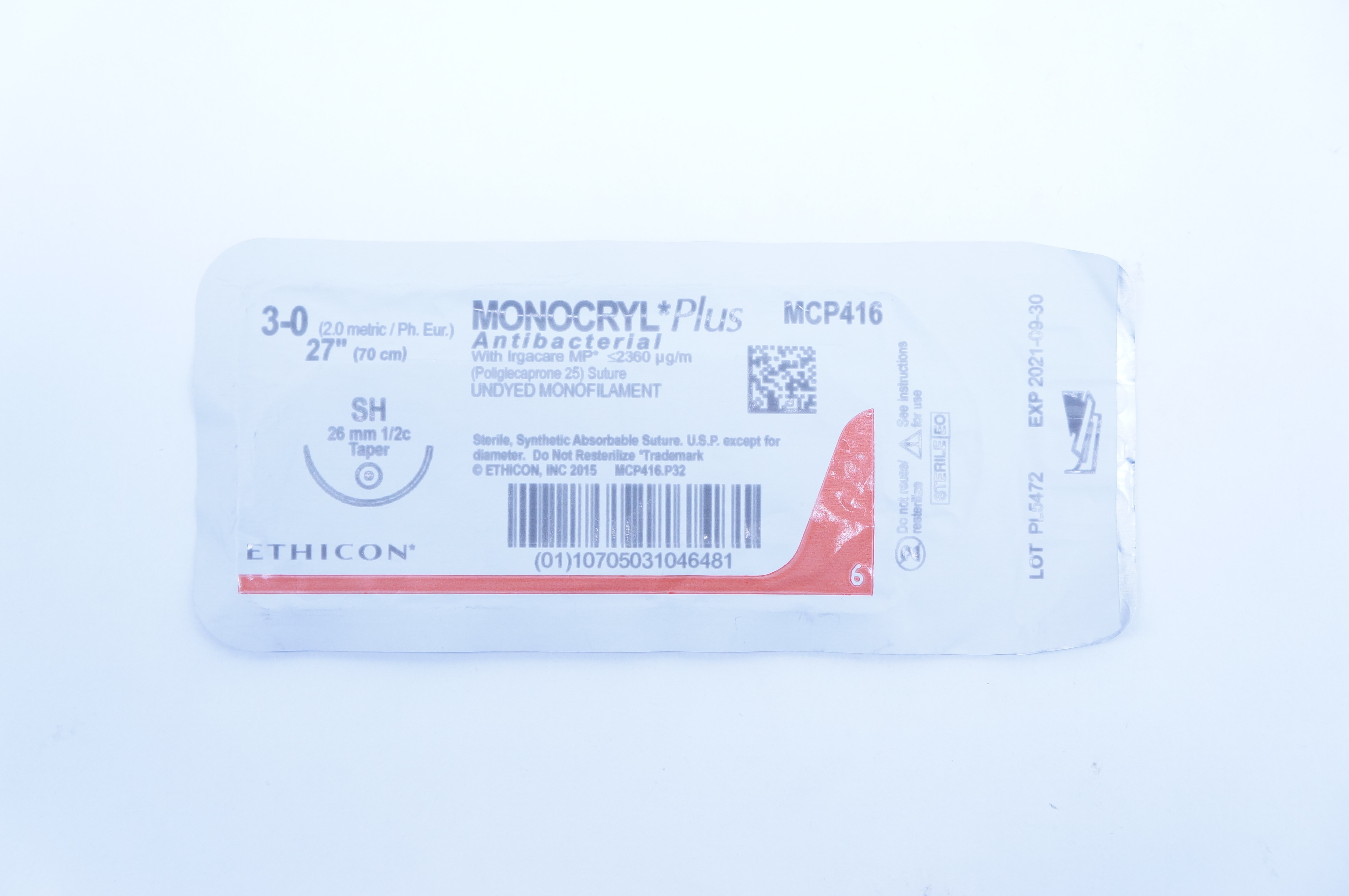 Ethicon MCP416 3-0 MONOCRYL Plus, SH, 26mm 1/2c Taper, 27inch