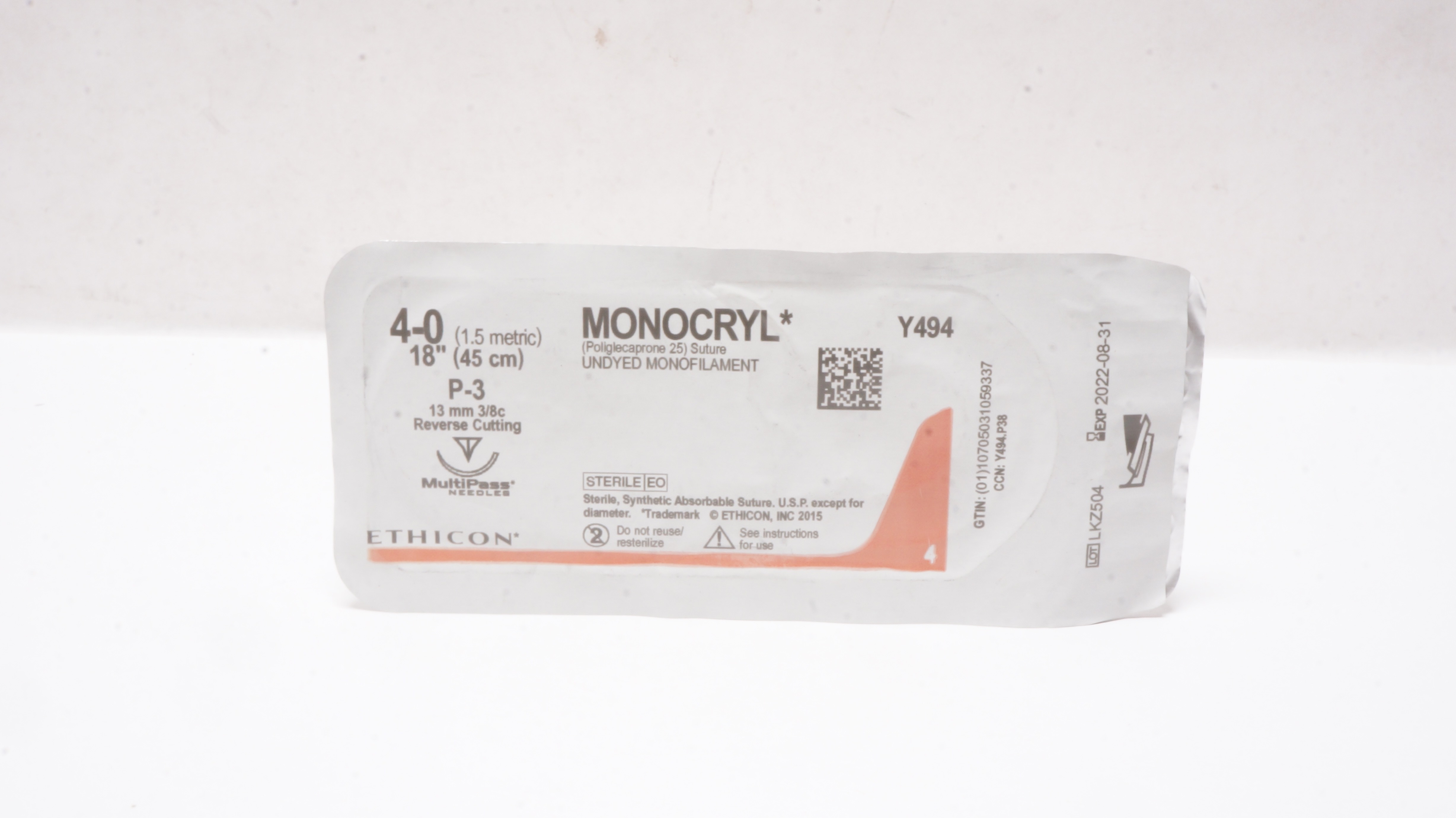 Ethicon Y494 4-0 MONOCRYL Stre P-3 13mm 3/8c Reverse Cutting 18inch (x)
