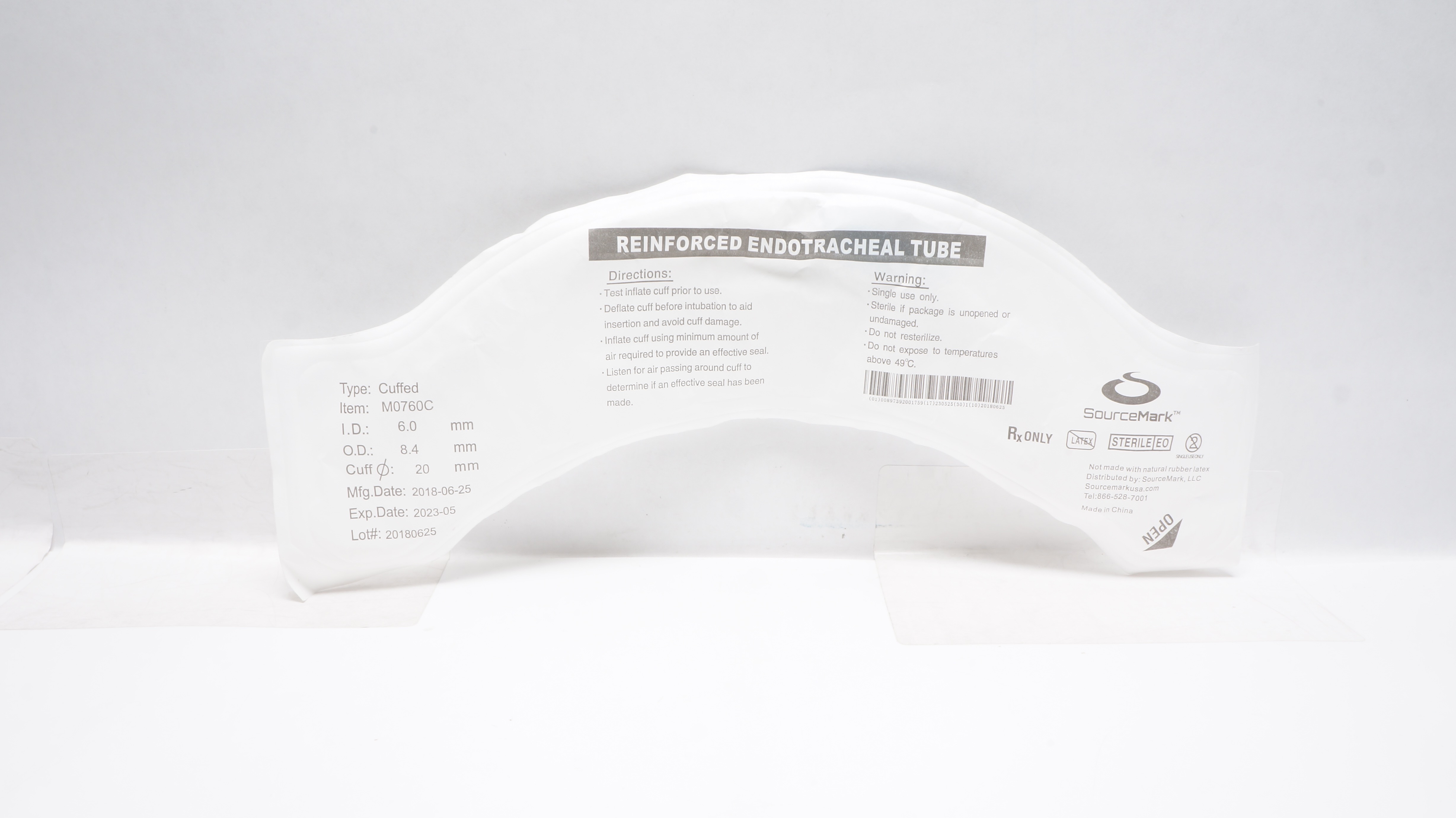 SourceMark M0760C Reinforced Endotracheal Tube 6.0mmID x 8.4mmOD x 20mm (x)