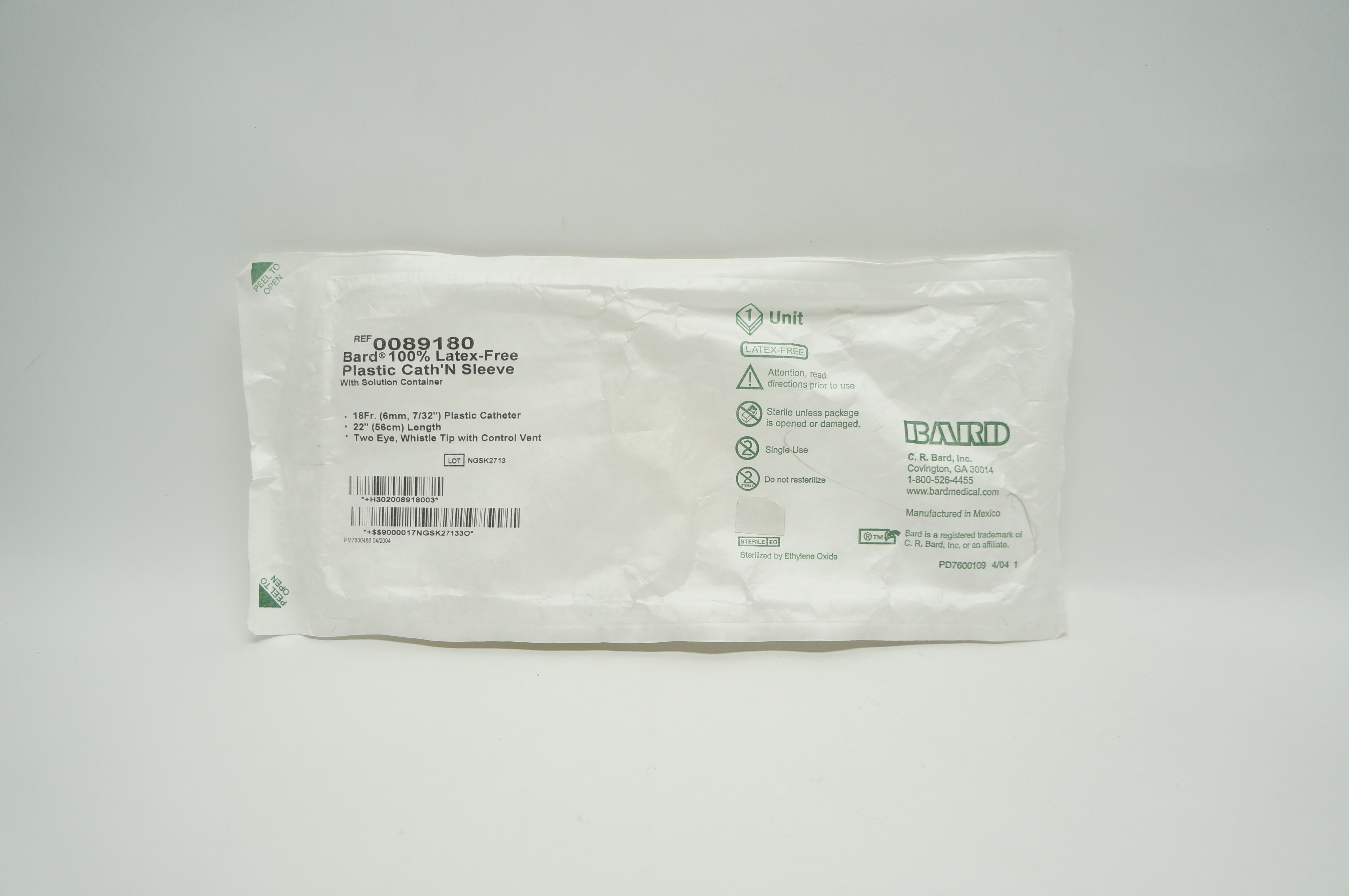 Bard 0089180 100% Latex-Free Plastic Cath'N Sleeve With Solution Container 18Fr