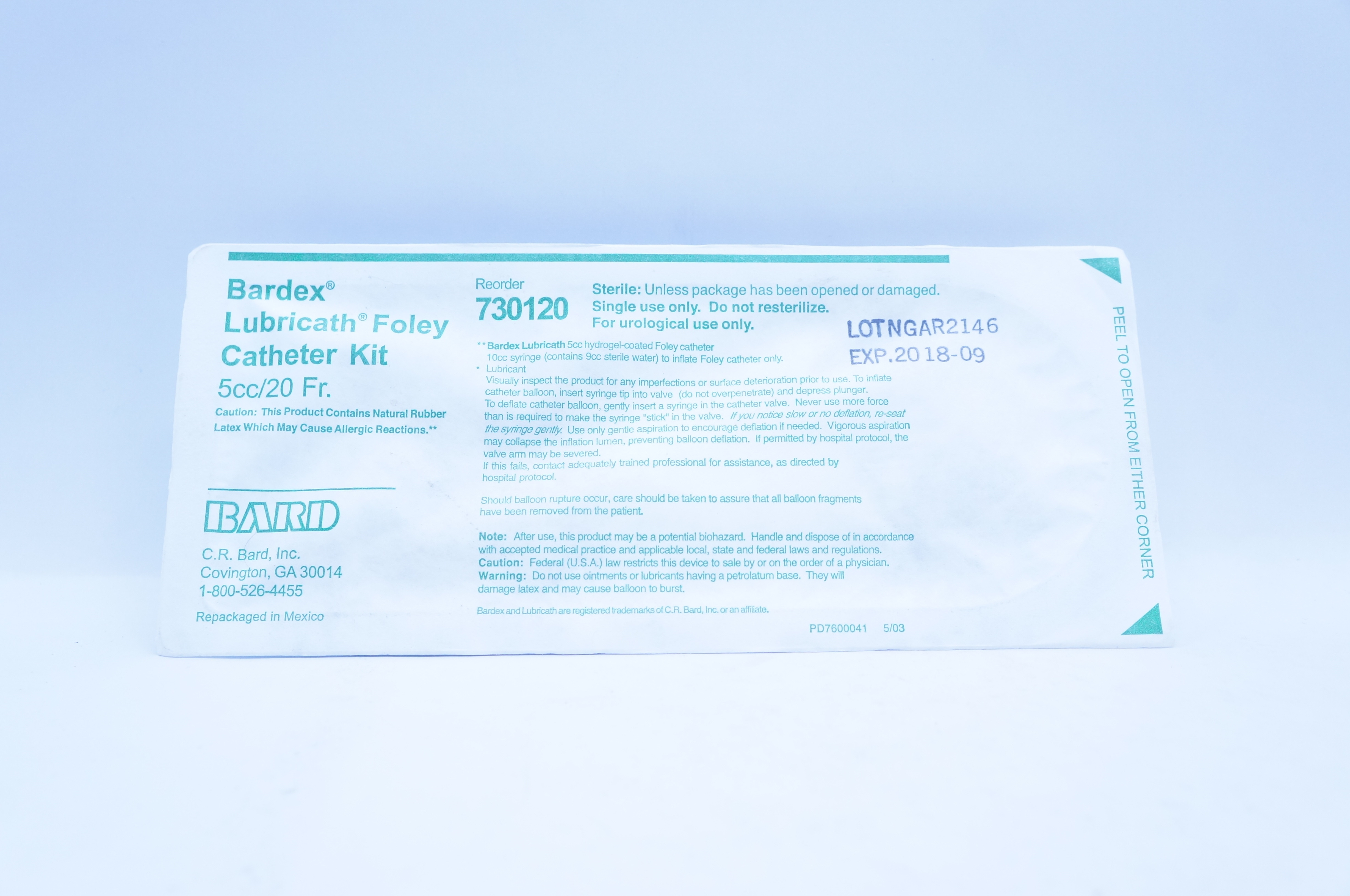 Bard 730120 Bardex Lubricath Foley Cath. Kit 20Fr /5cc (x)