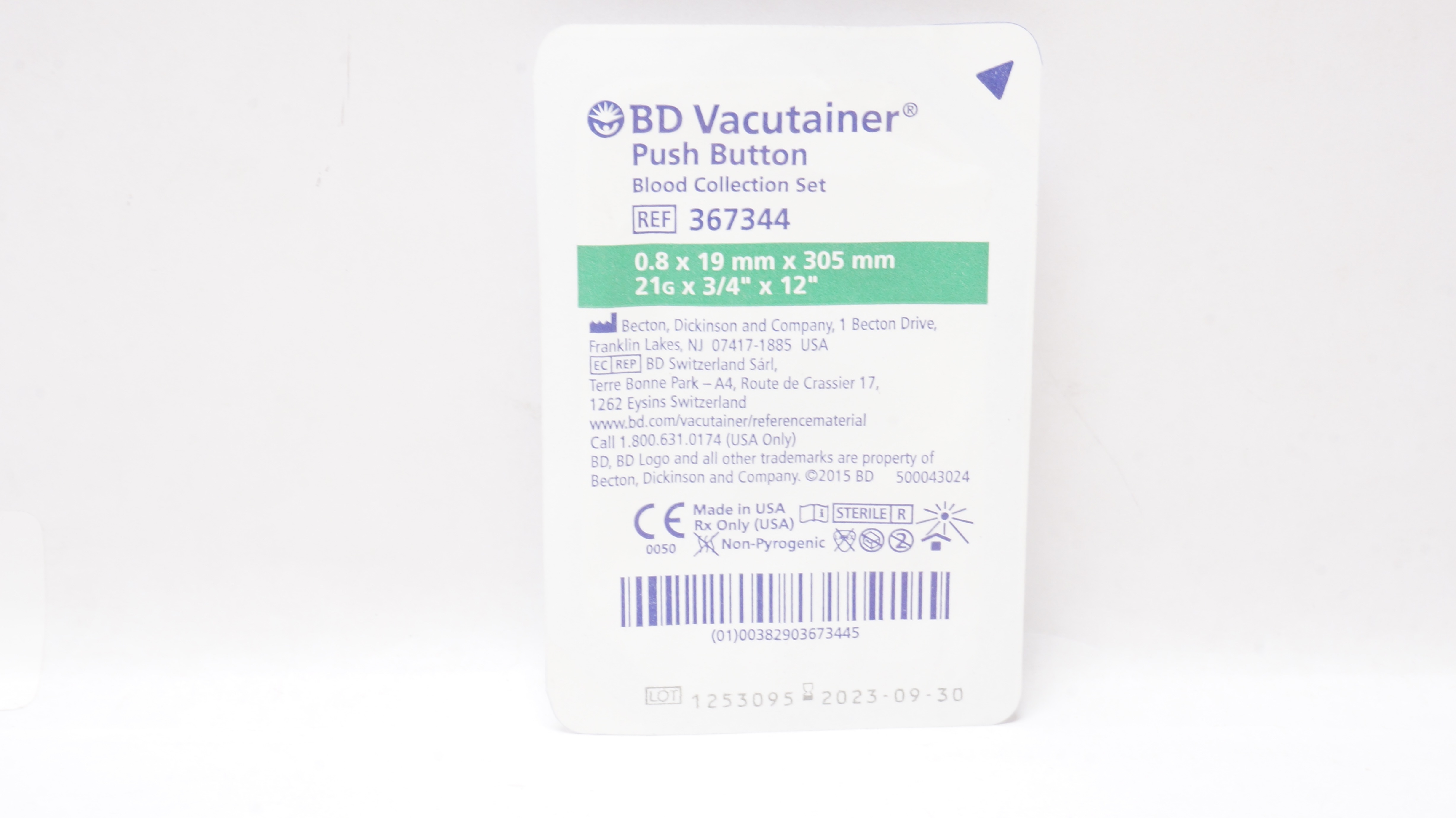 BD 367344 Vacutainer Push Button Blood Collection Set 21G x 3/4inch x 12inch (x)