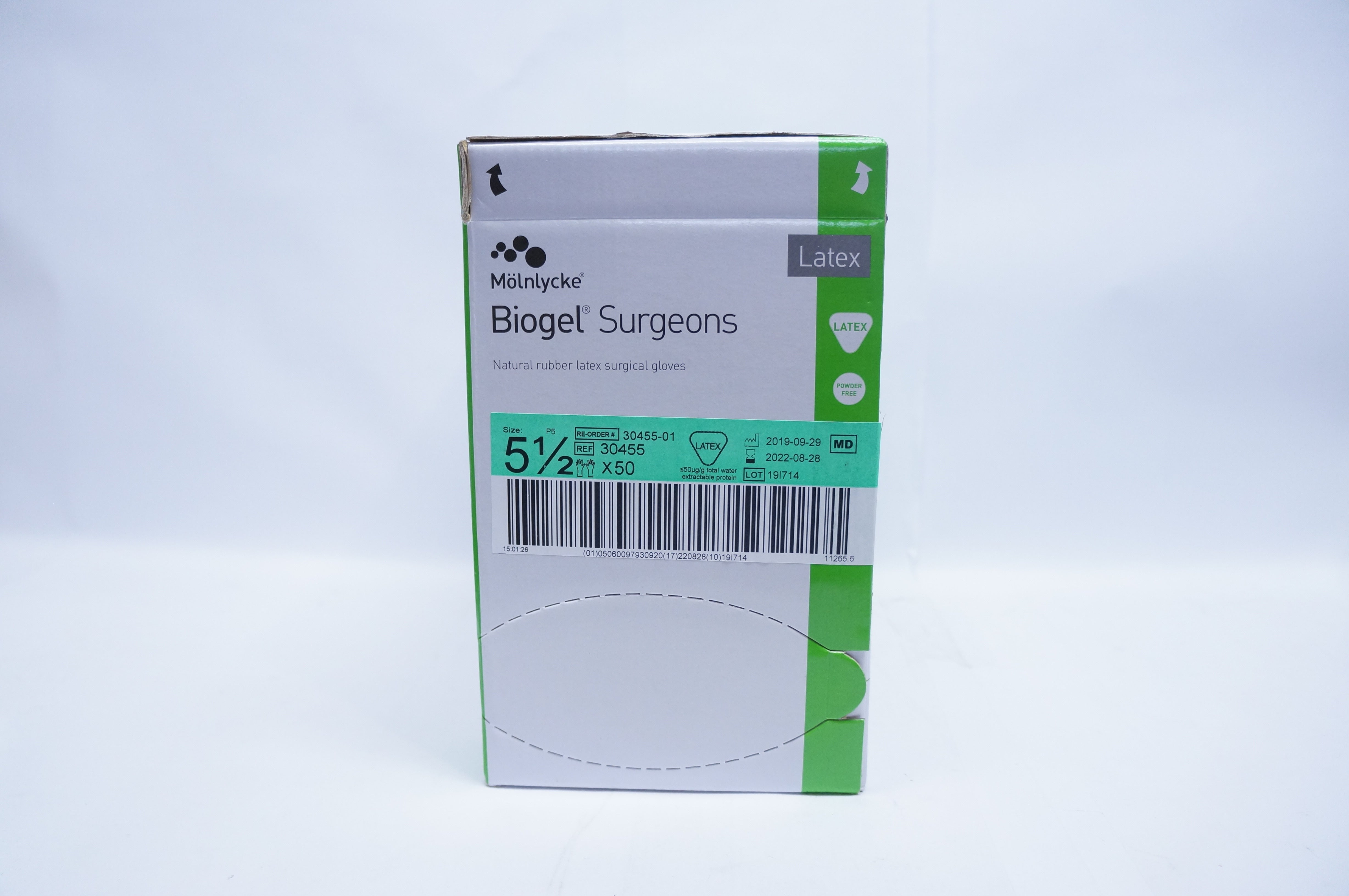 Molnlycke  30455 Biogel Susgeons  Rubber Latex Surgical Gloves 5,1/2 - Box of 50
