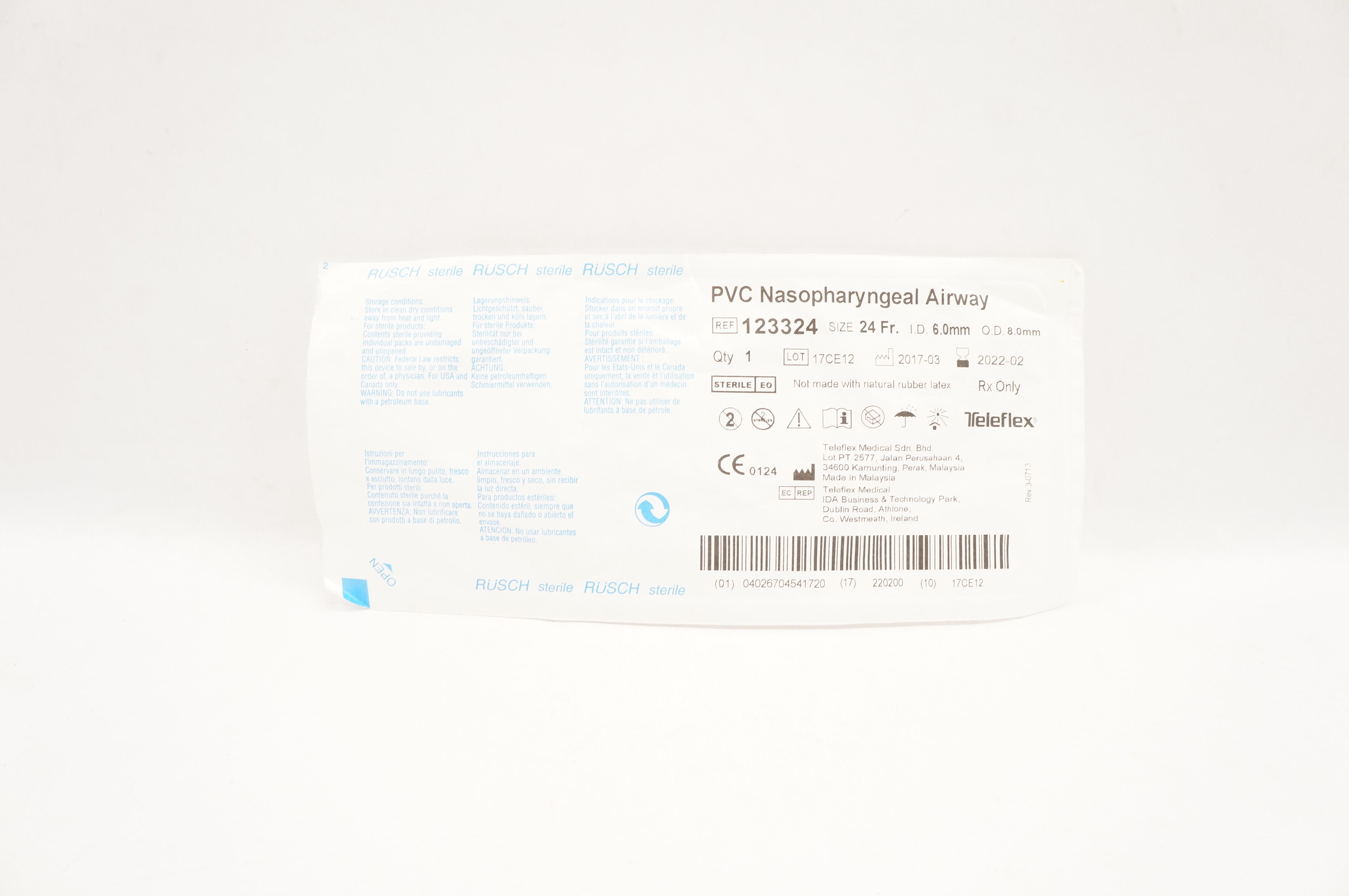 Teleflex 123324 Rusch PVC Nasopharyngeal Airway 24 Fr x 6.0mm ID x 8.0mm OD (x)