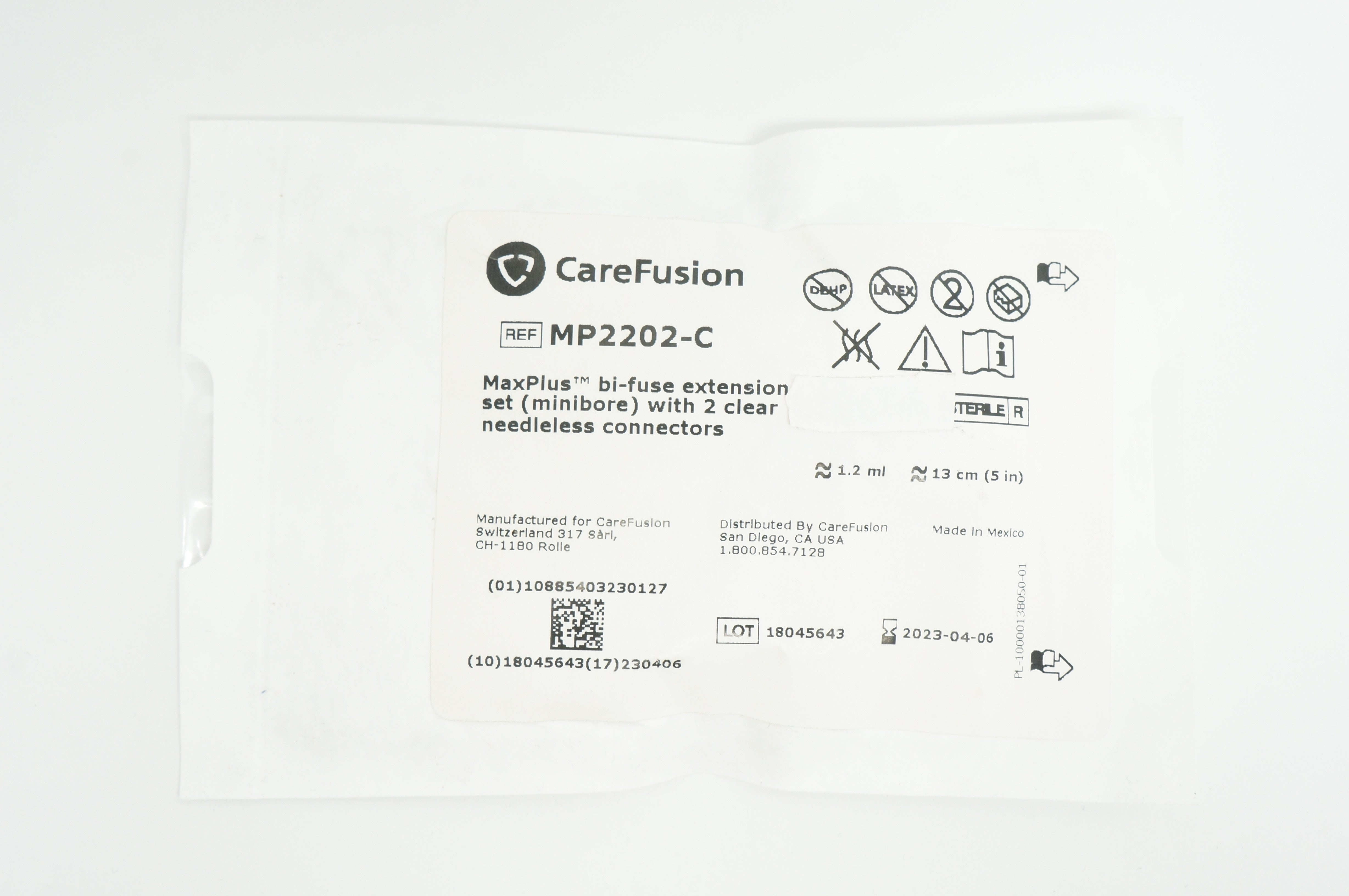 CareFusion MP2202-C MaxPlus Bi-Fuse Extension Set 1.2ml, 5inch