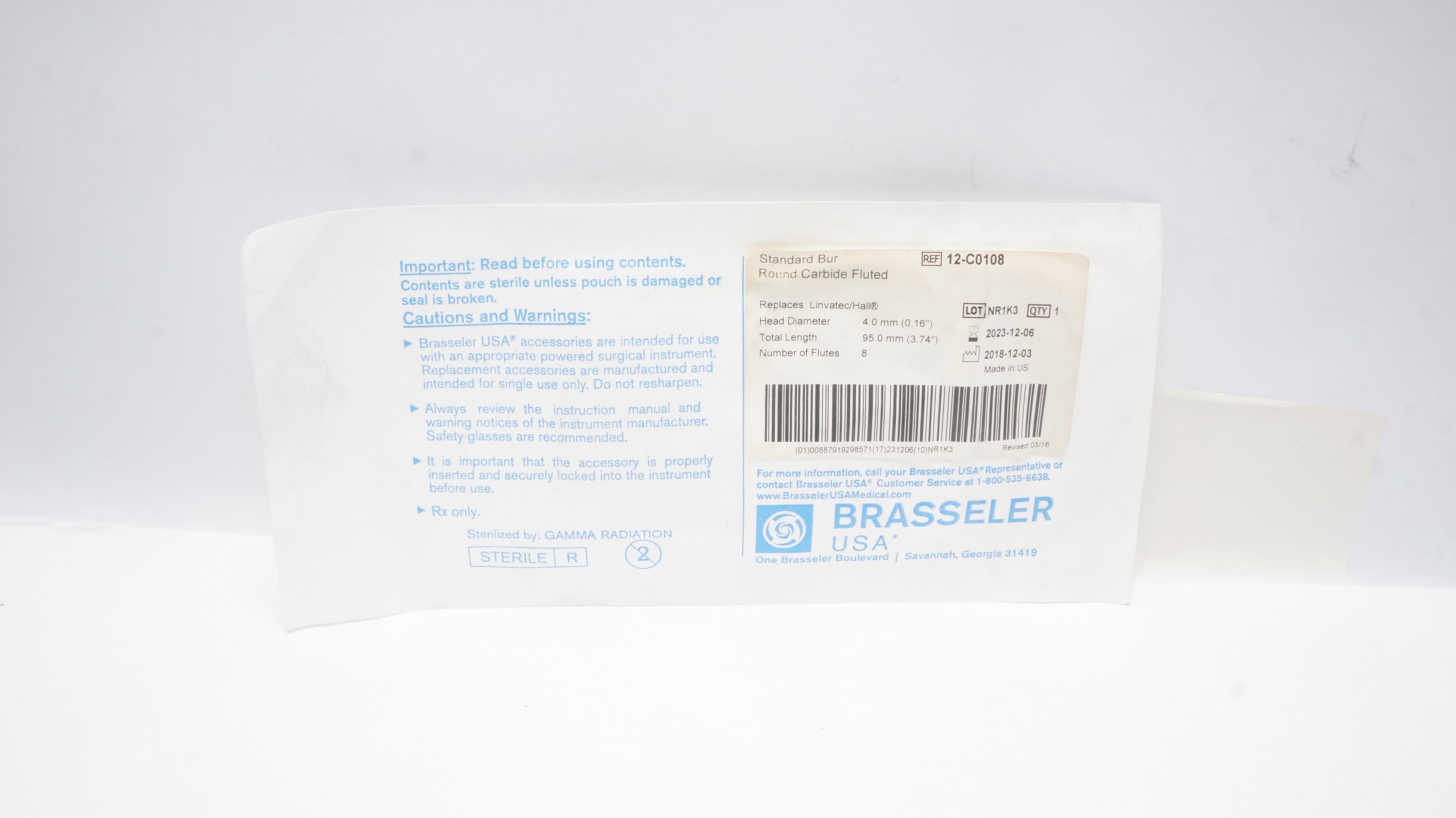 Brasseler 12-C0108 Standard Bur Round Carbide Fluted 4.0mm X 95.0mm (x)