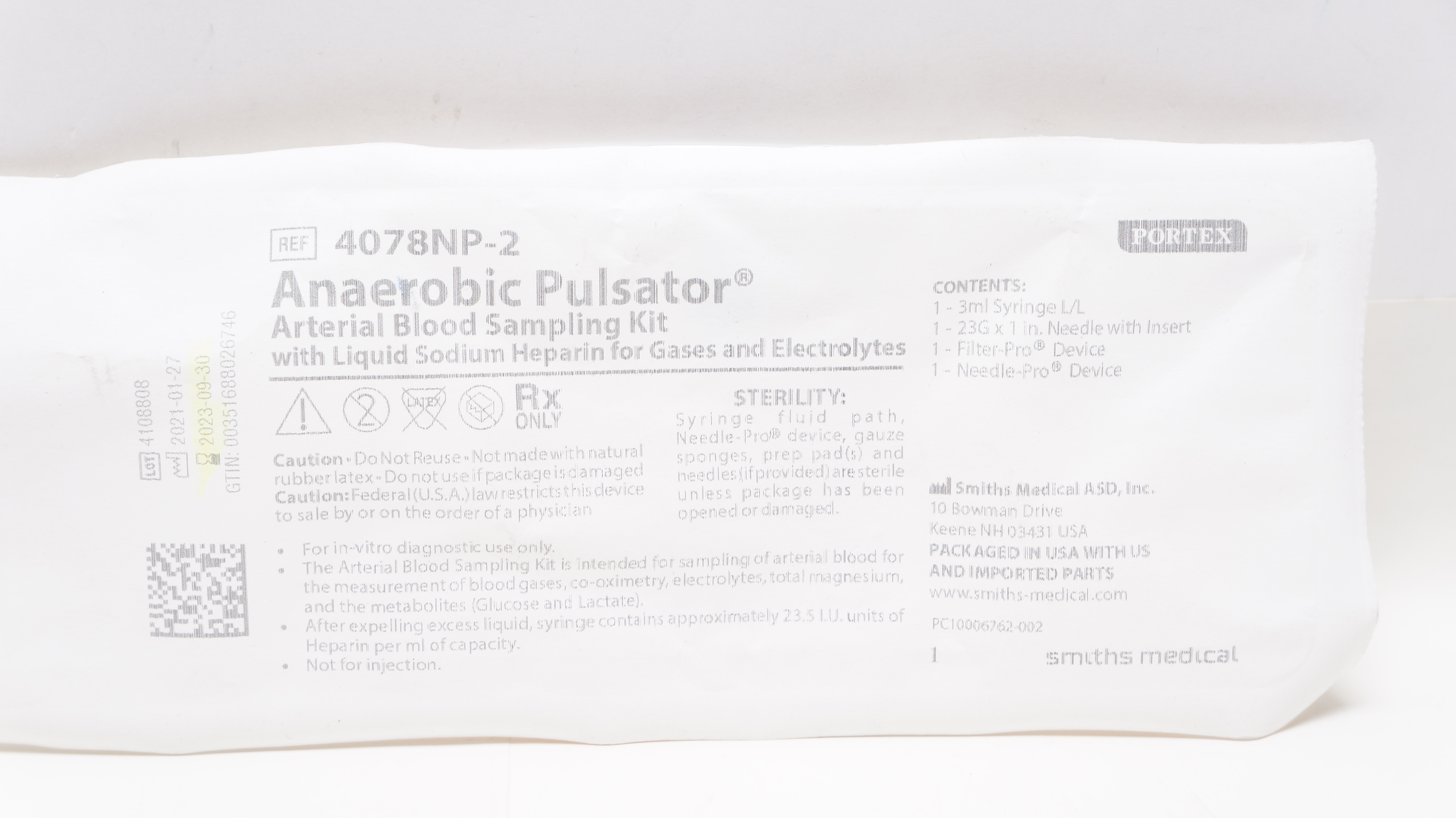 Smiths Medical 4078NP-2 Portex Anaerobic Pulsator Arterial Blood Sampling Kit(x)