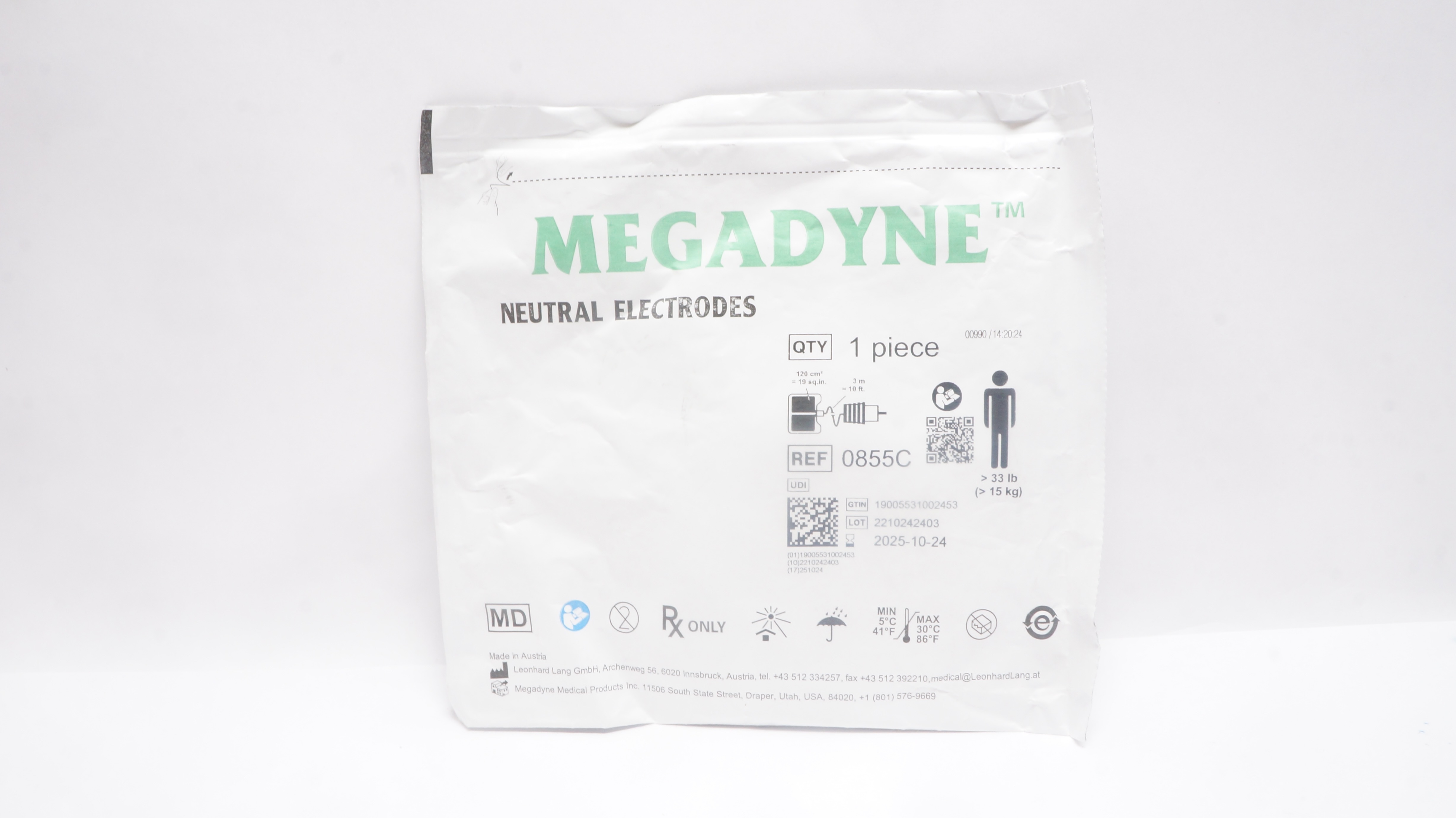 Megadyne 0855C Electrosurgical Patient Return Electrodes >33 Ib
