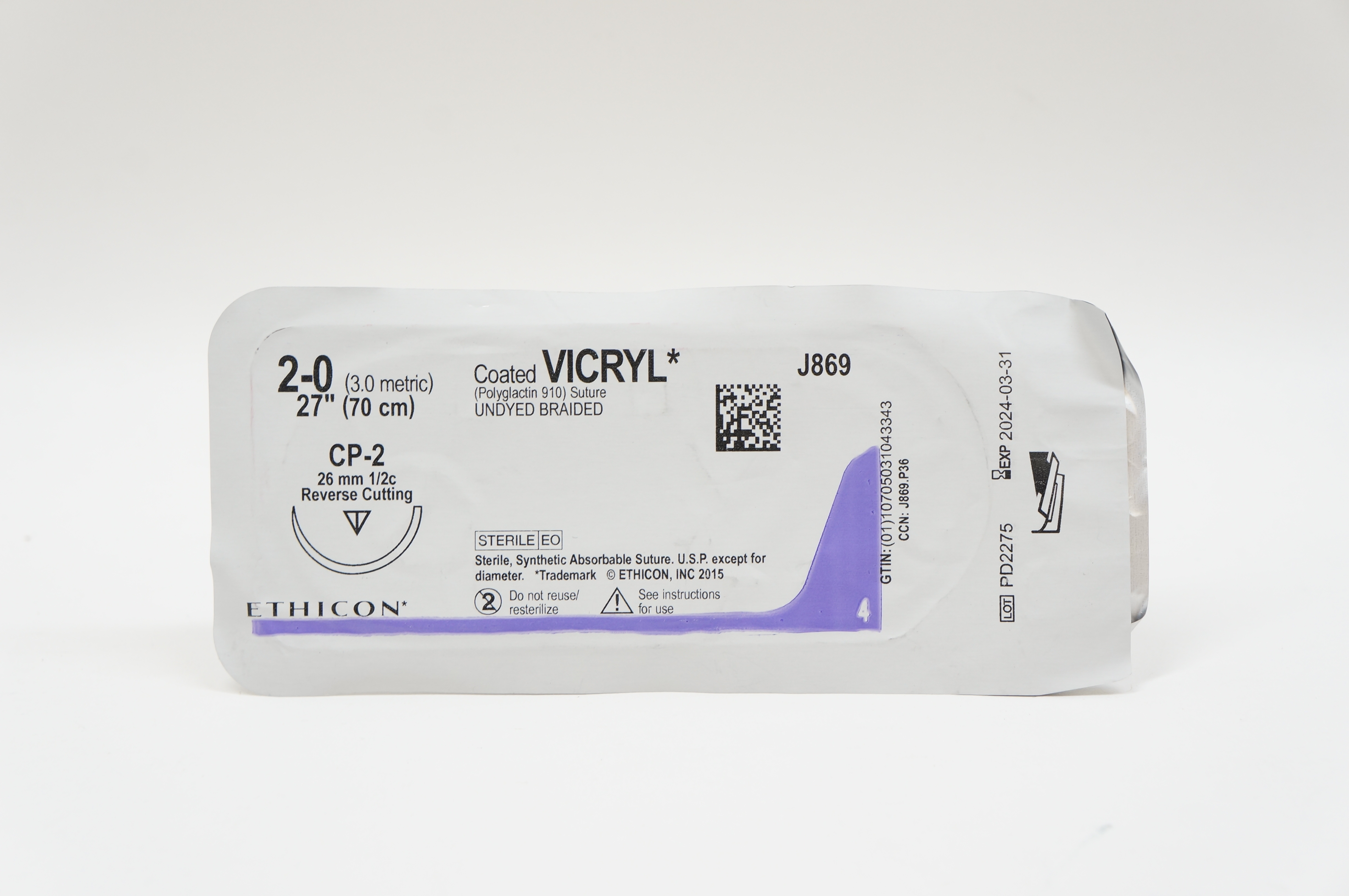 Ethicon J869 2-0 VICRYL, CP-2, 26mm 1/2c Reverse Cutting, 27inch
