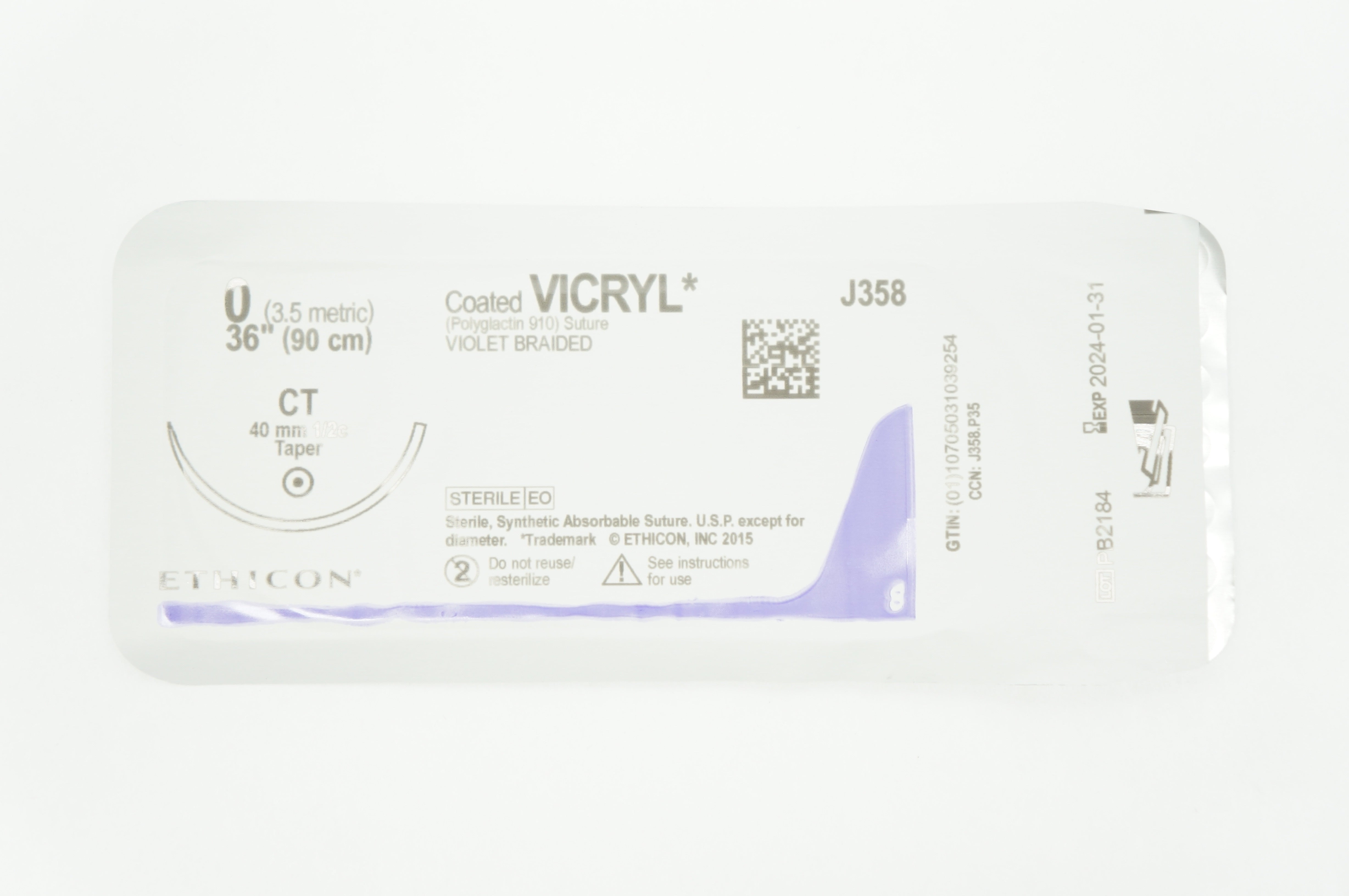 Ethicon J358 0 VICRYL ,CT, 40mm 1/2c Taper, 36inch