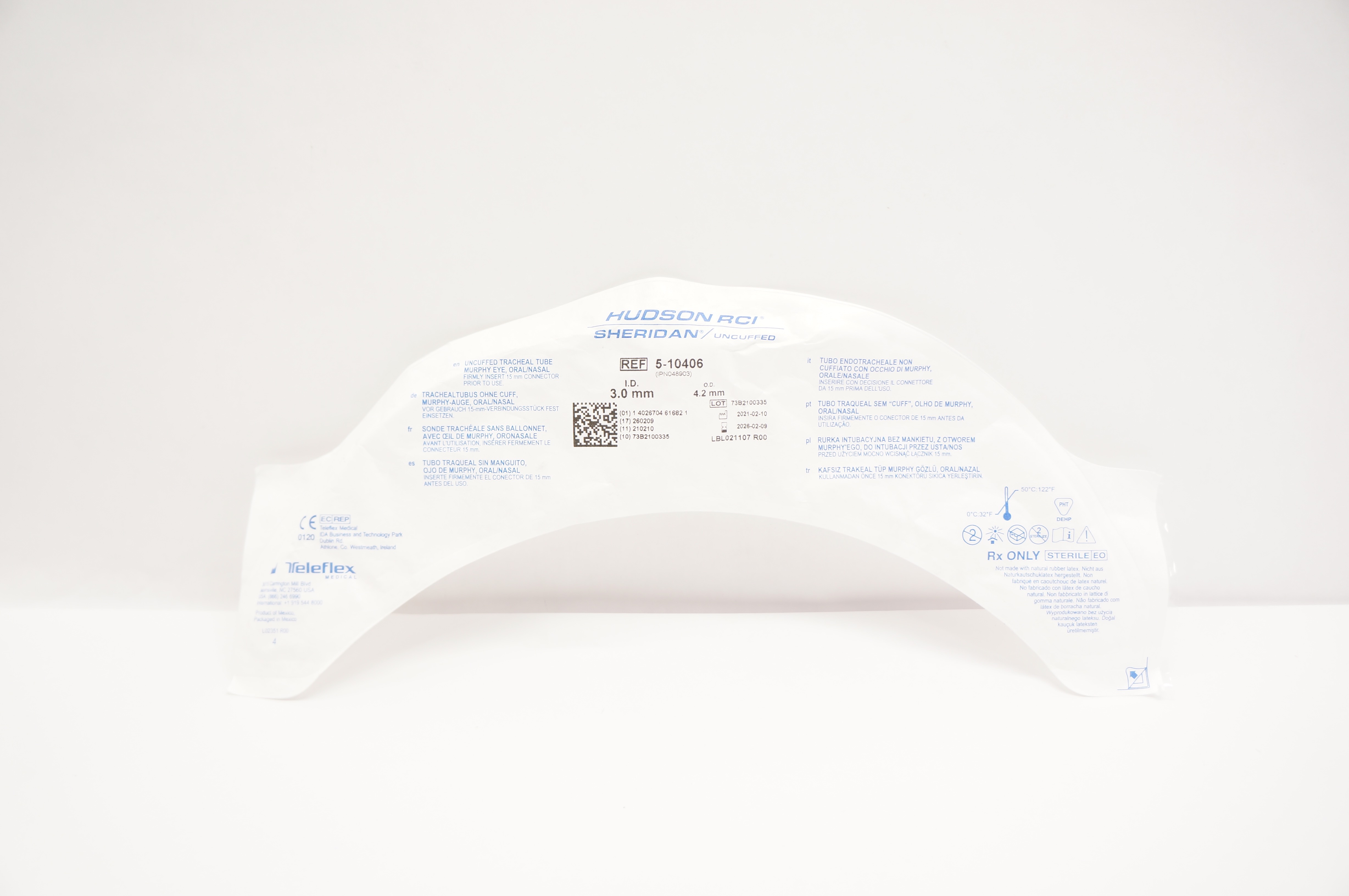 Teleflex 5-10406 Hudson RCI Uncuffed Tracheal Tube Murphy Eye 3.0 ID x 4.2mm OD