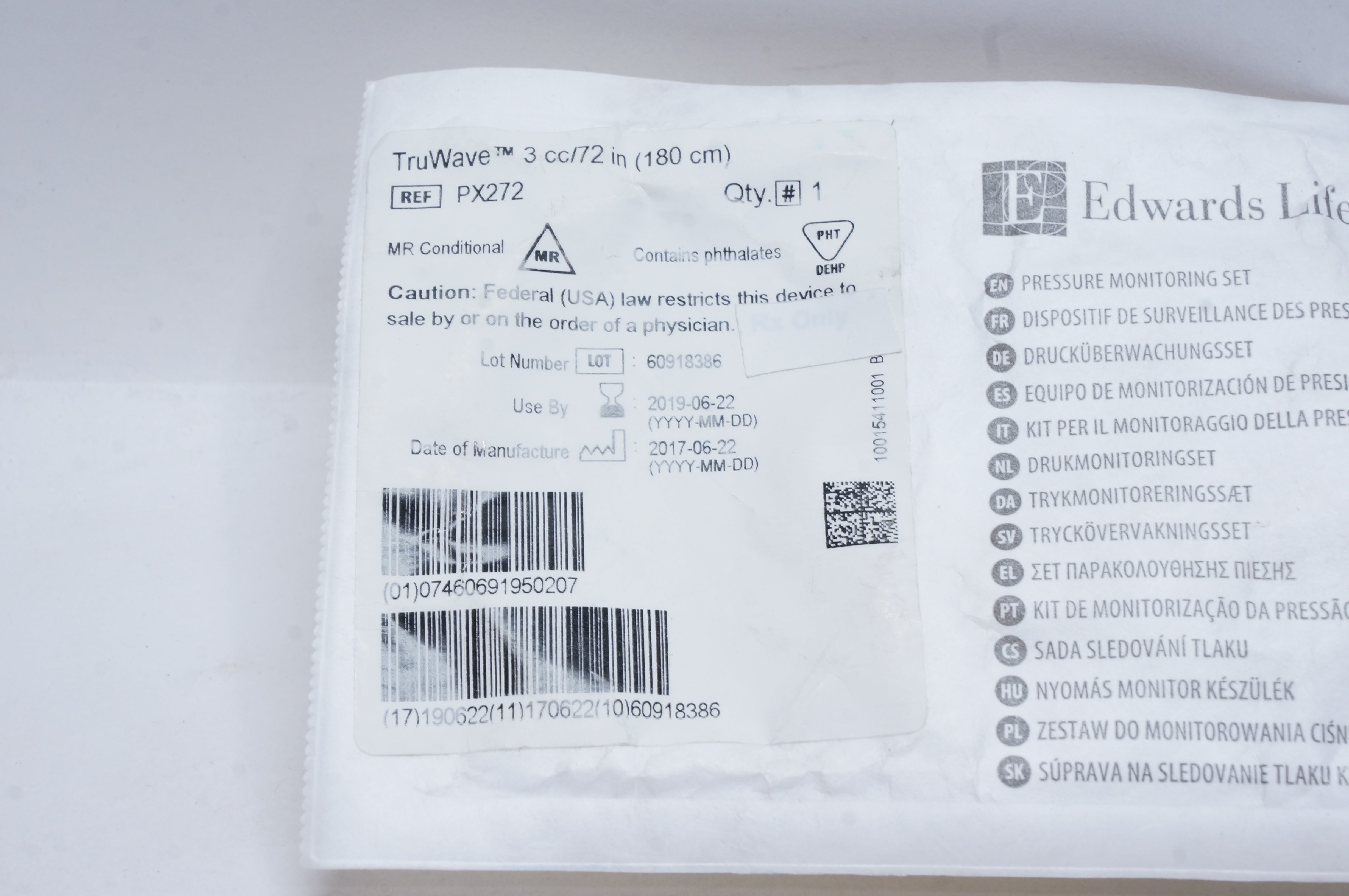 Edwards Lifesciences PX272 Pressure Monitoring Set, TruWave 3cc/72inch (x)