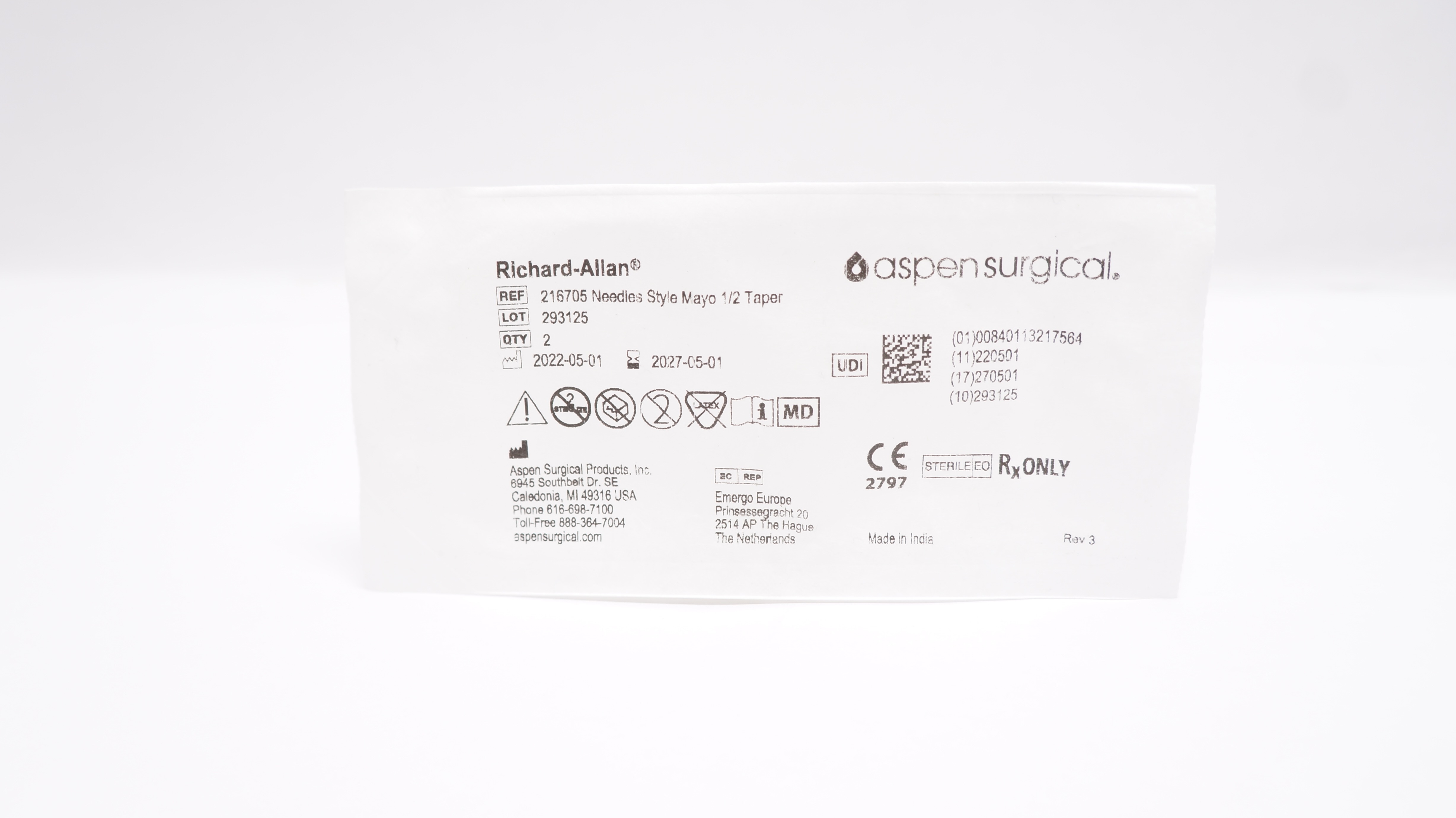 Aspen Surgical 216705 Richard Allan Ndleles 1/2 Taper, Style Mayo