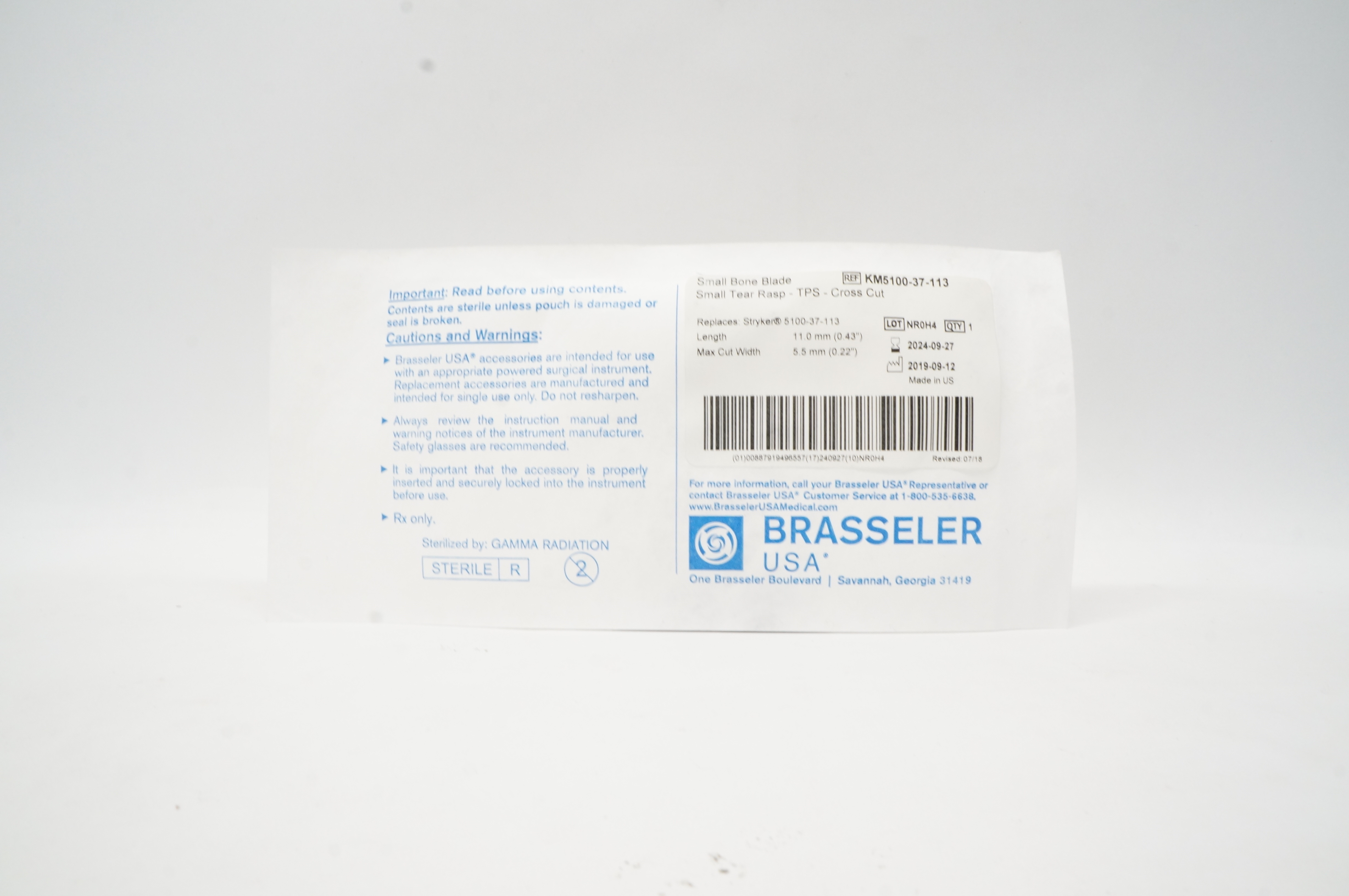 Brasseler KM5100-37-113 Small Bone Blade Small Tear Rasp TPS Cross Cut 0.43inch