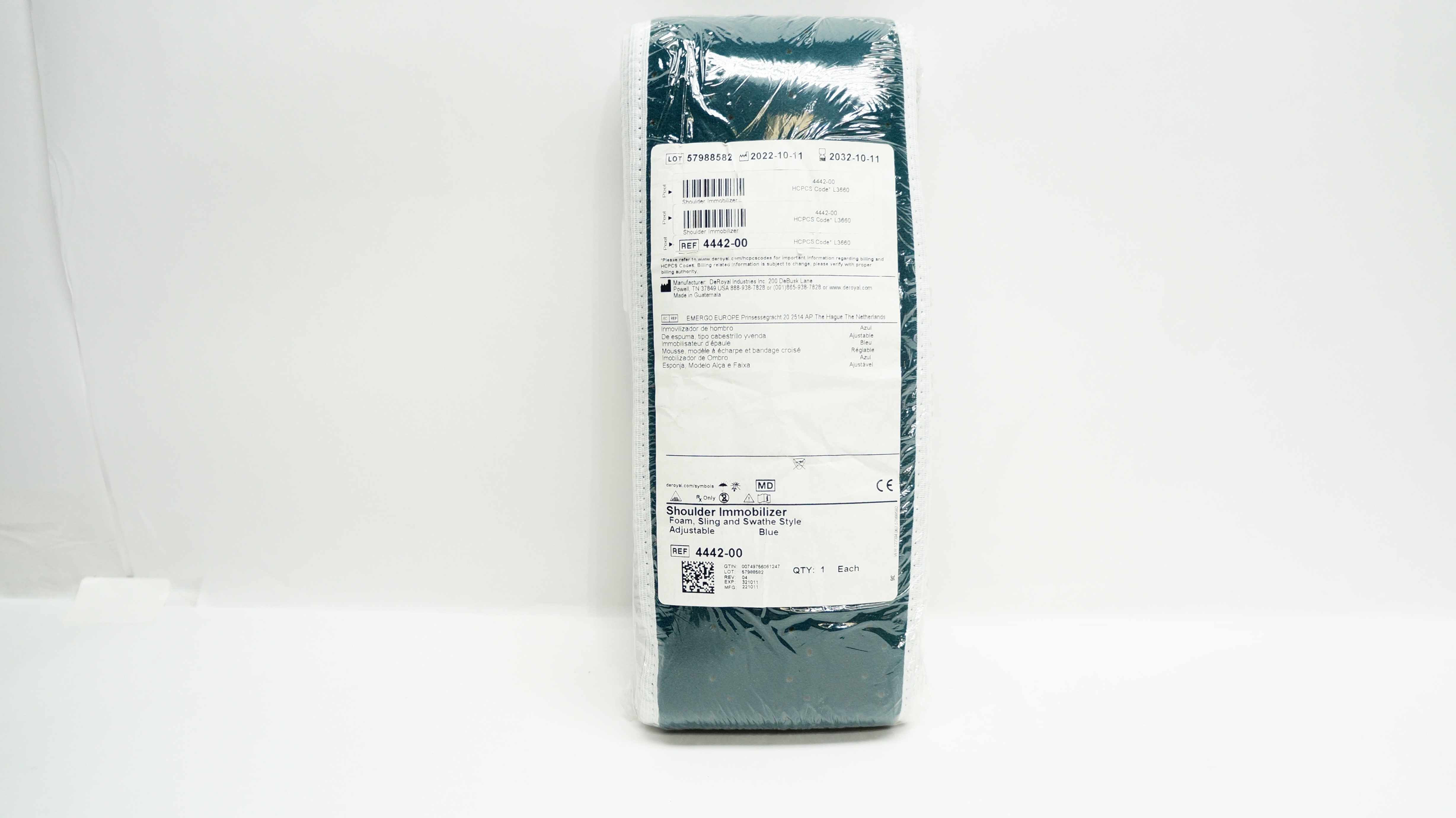 DeRoyal 4442-00 Shoulder Immobilizer, Foam, Sling & Swathe, Blue