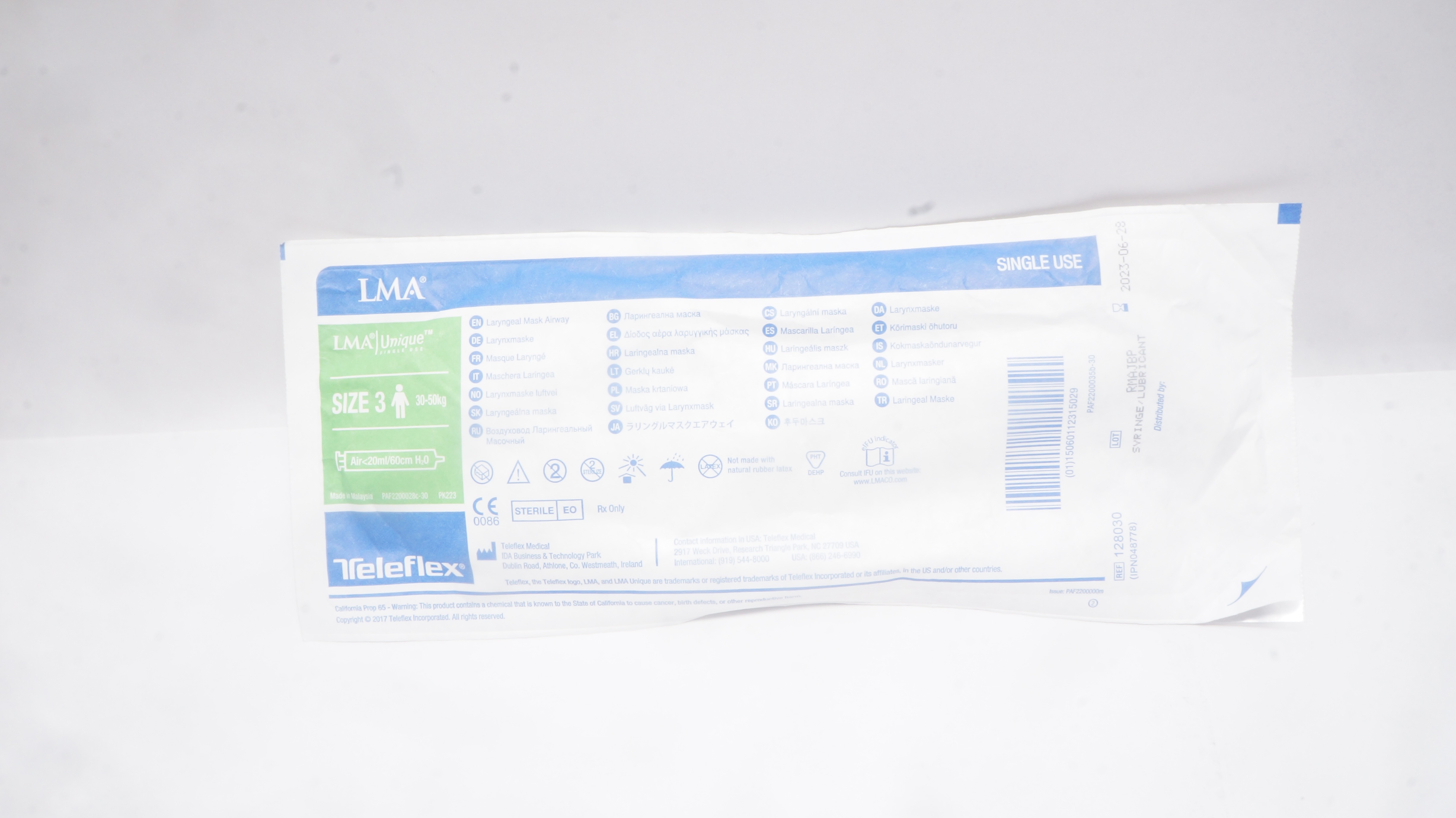 Teleflex 128030 Unique Laryngeal Mask Airway, Size 3 30-50kg, <20ml/60cm H2O (x)