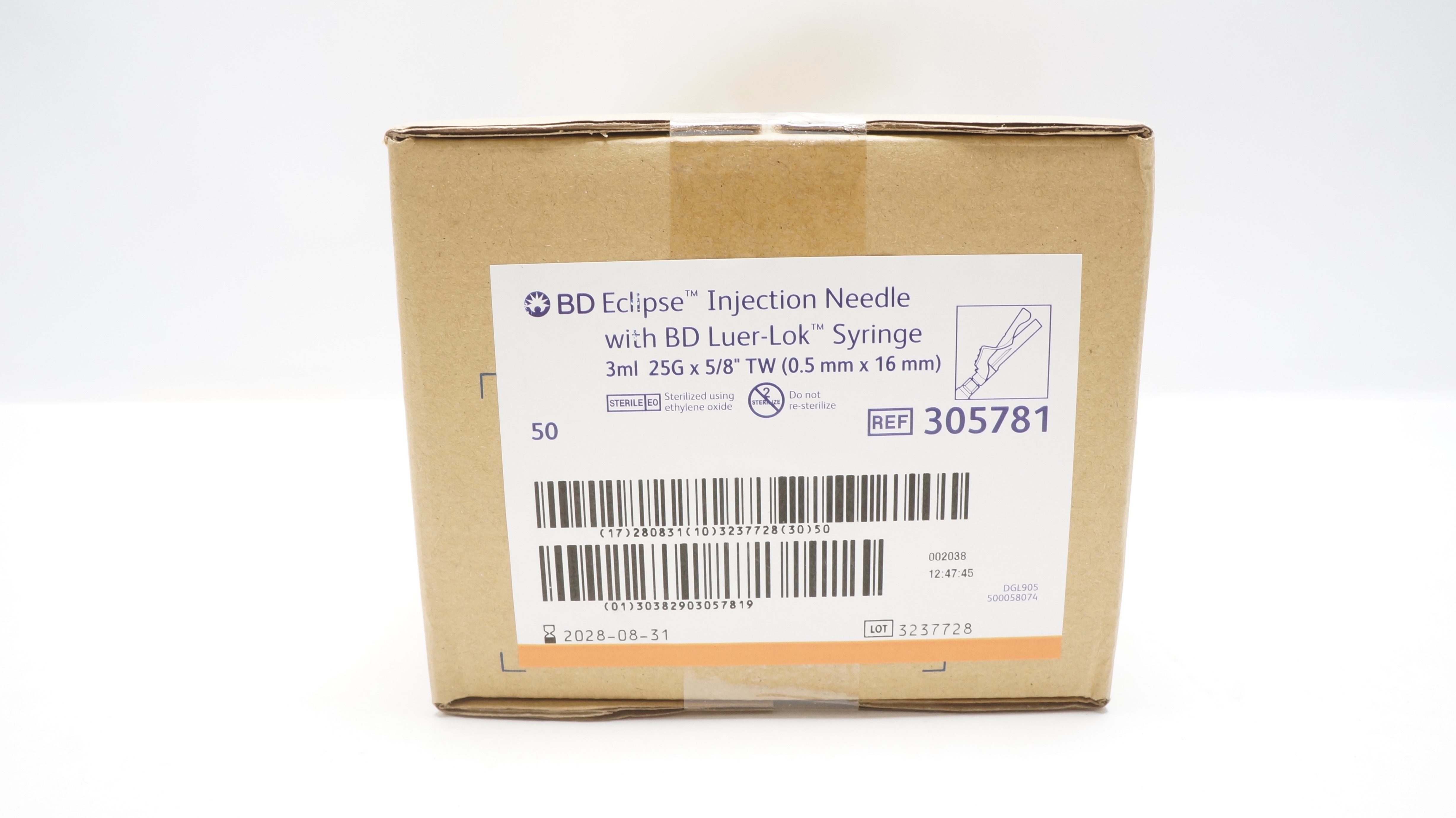 BD 305781 Eclipse Injection Ndle W/Luer-Lock Syringe 3ml x 25G x 5/8In-Box of 50