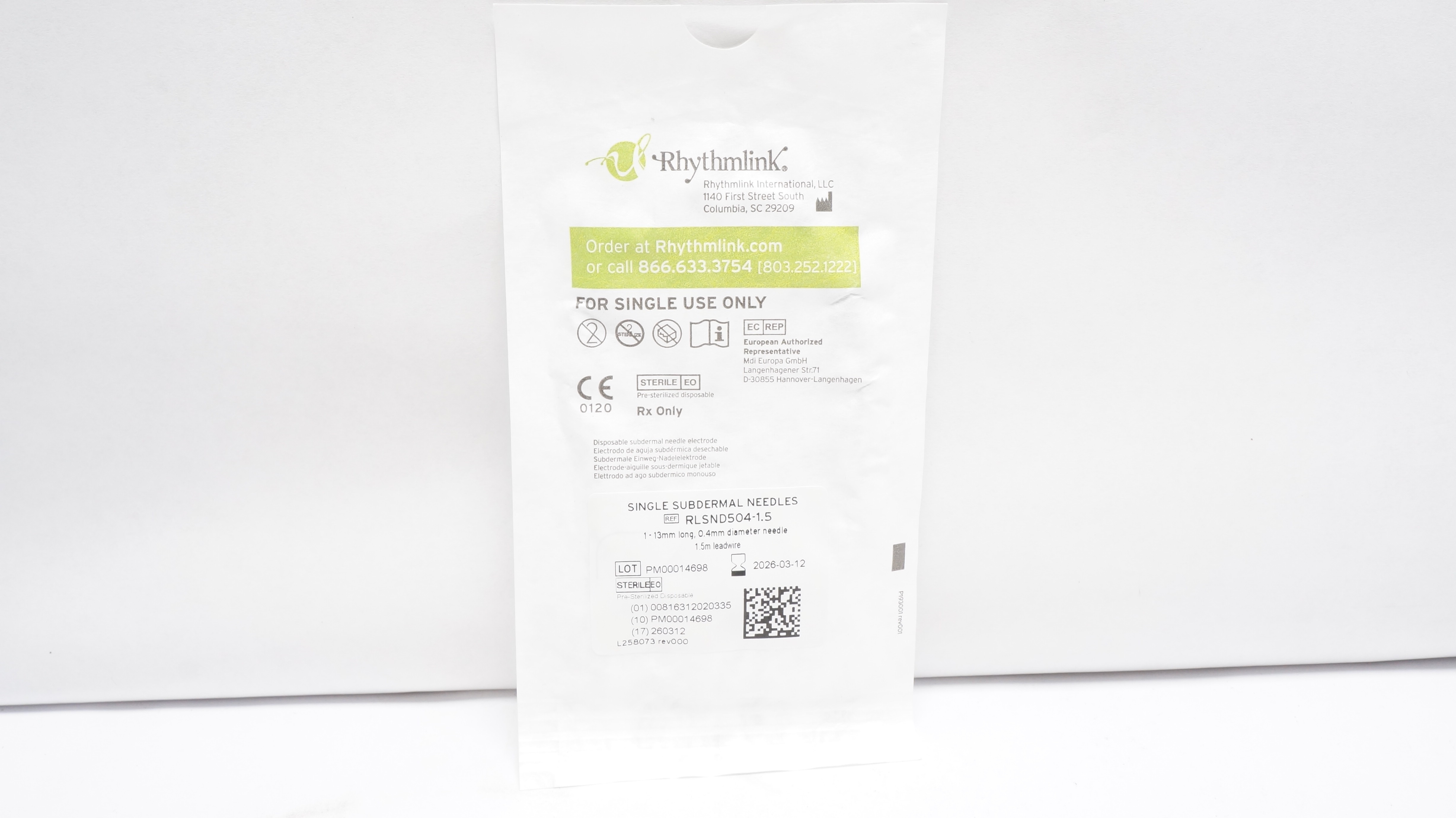 Rhythmlink RLSND504-1.5 Single Subdermal Ndles 13mm x 0.4mm