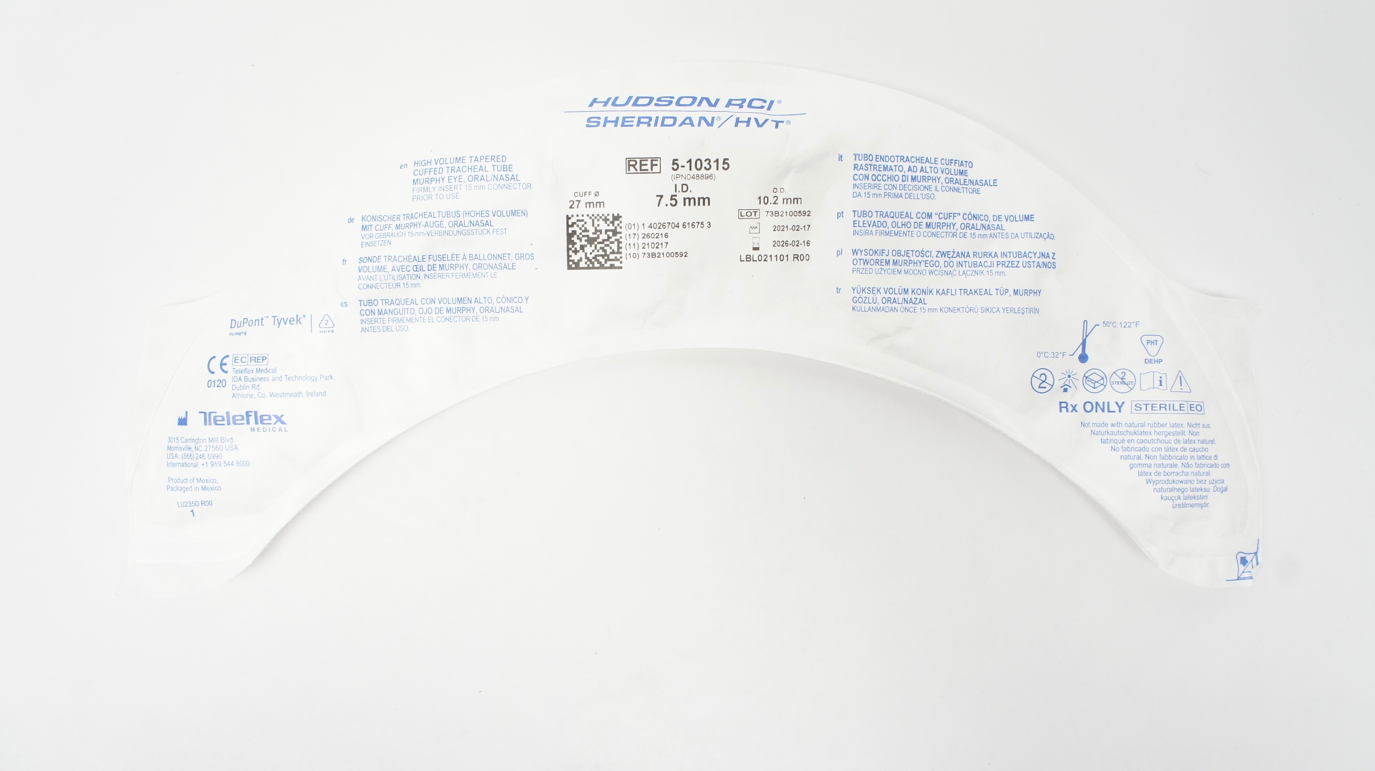 Teleflex 5-10315 Hudson RCI Sheridan HVT Cuffed Tracheal Tube 7.5 x 10.2 x 27mm