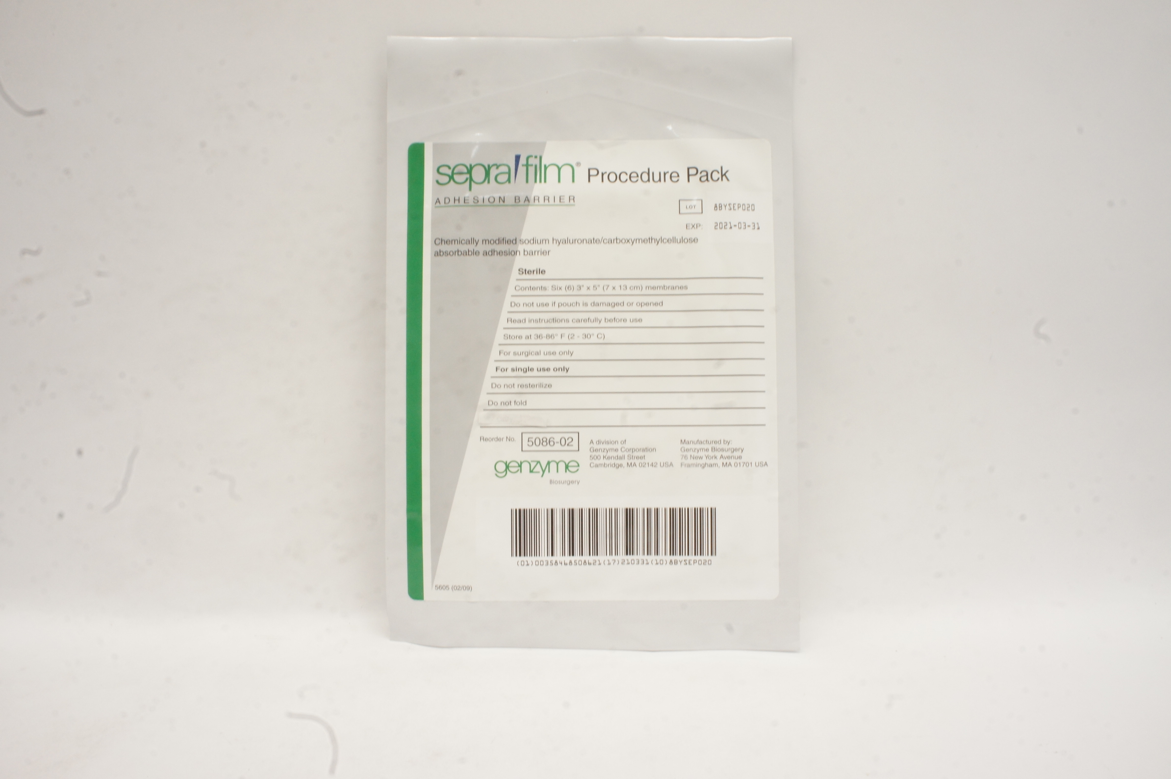 Genzyme 5086-02 Sepra Film Adhesion Barrier 3inch x 5inch (x)