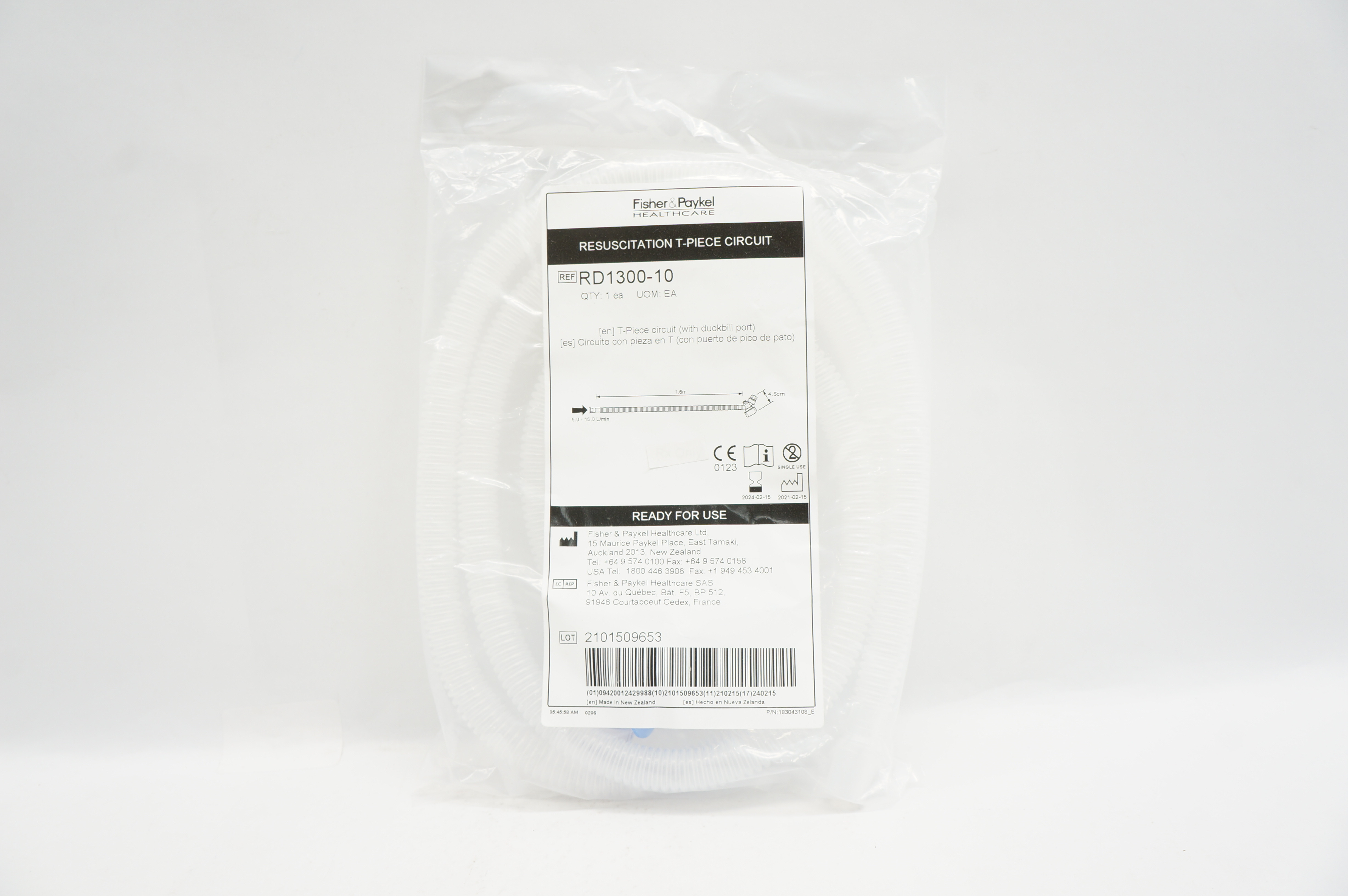 Fisher&Paykel RD1300-10 Resuscitation T-Piece Circuit 1.6m x 4.5cm 5.0-15.0L/min