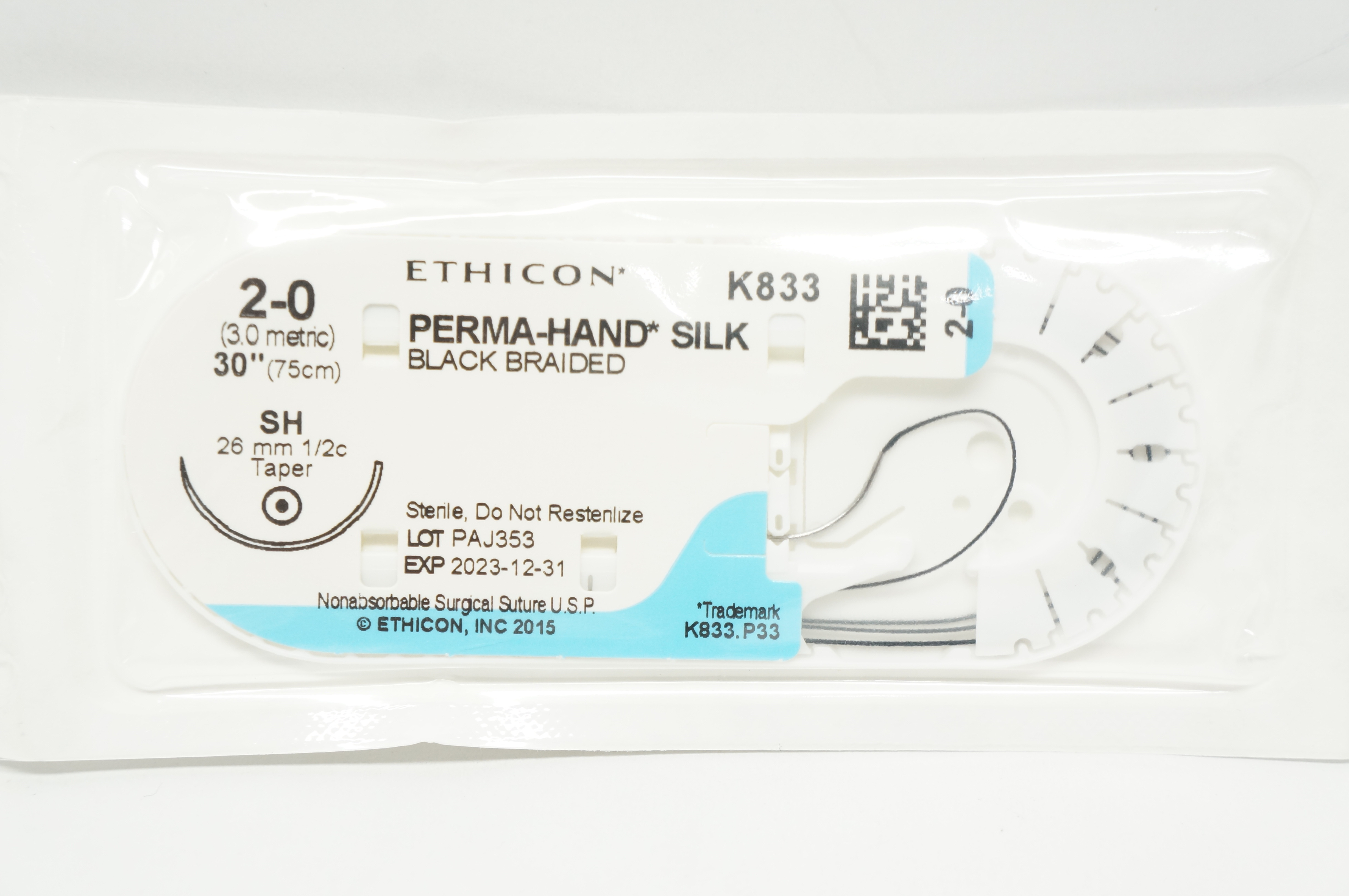Ethicon K833 2-0 PERMA-HAND SILK Stre, SH 26mm 1/2c Taper, 30inch