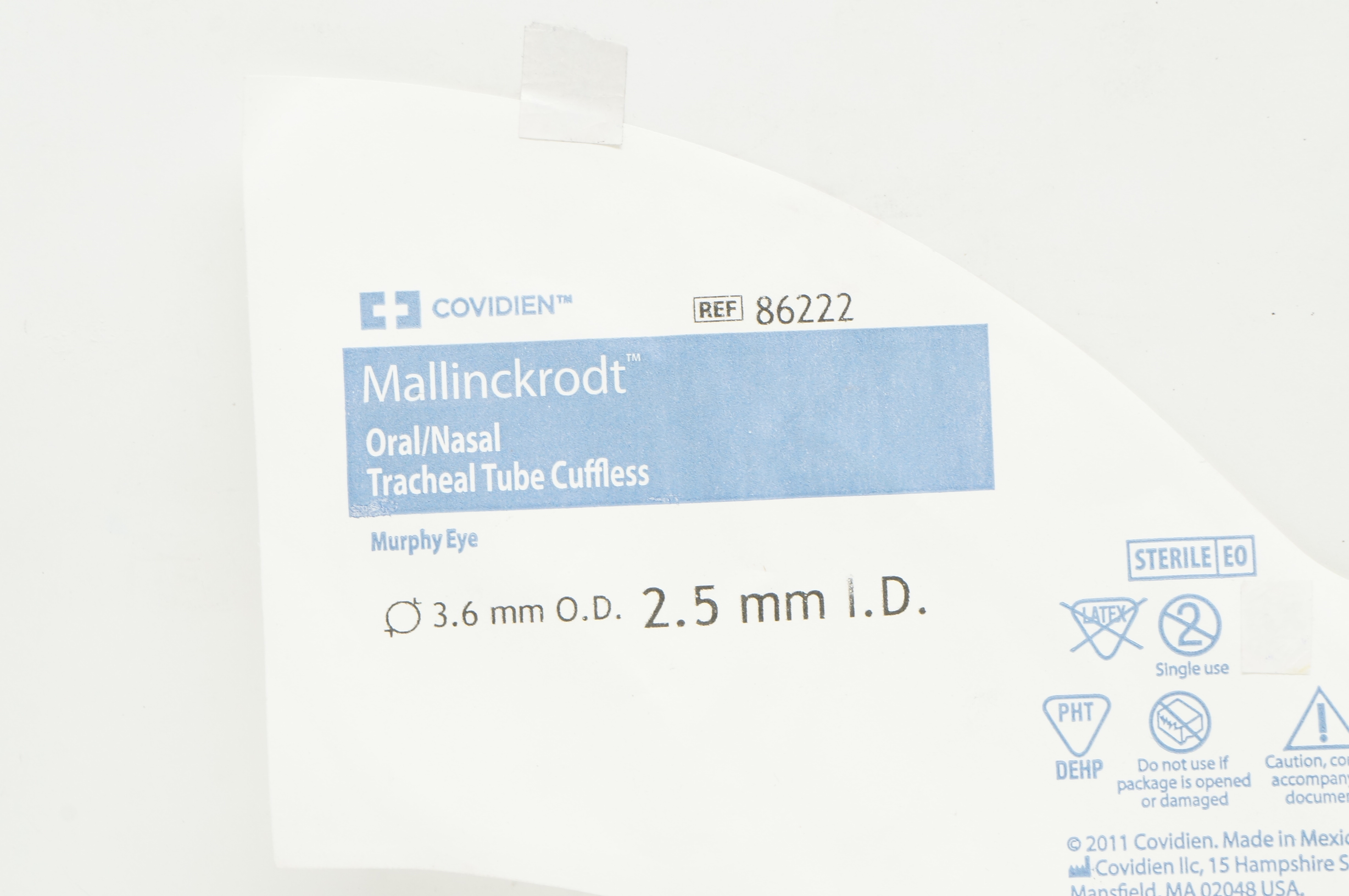 Covidien 86222 Mallinckrodt Oral/Nasal Tracheal Tube Cuffless 2.5mm  x 3.6mm (x)