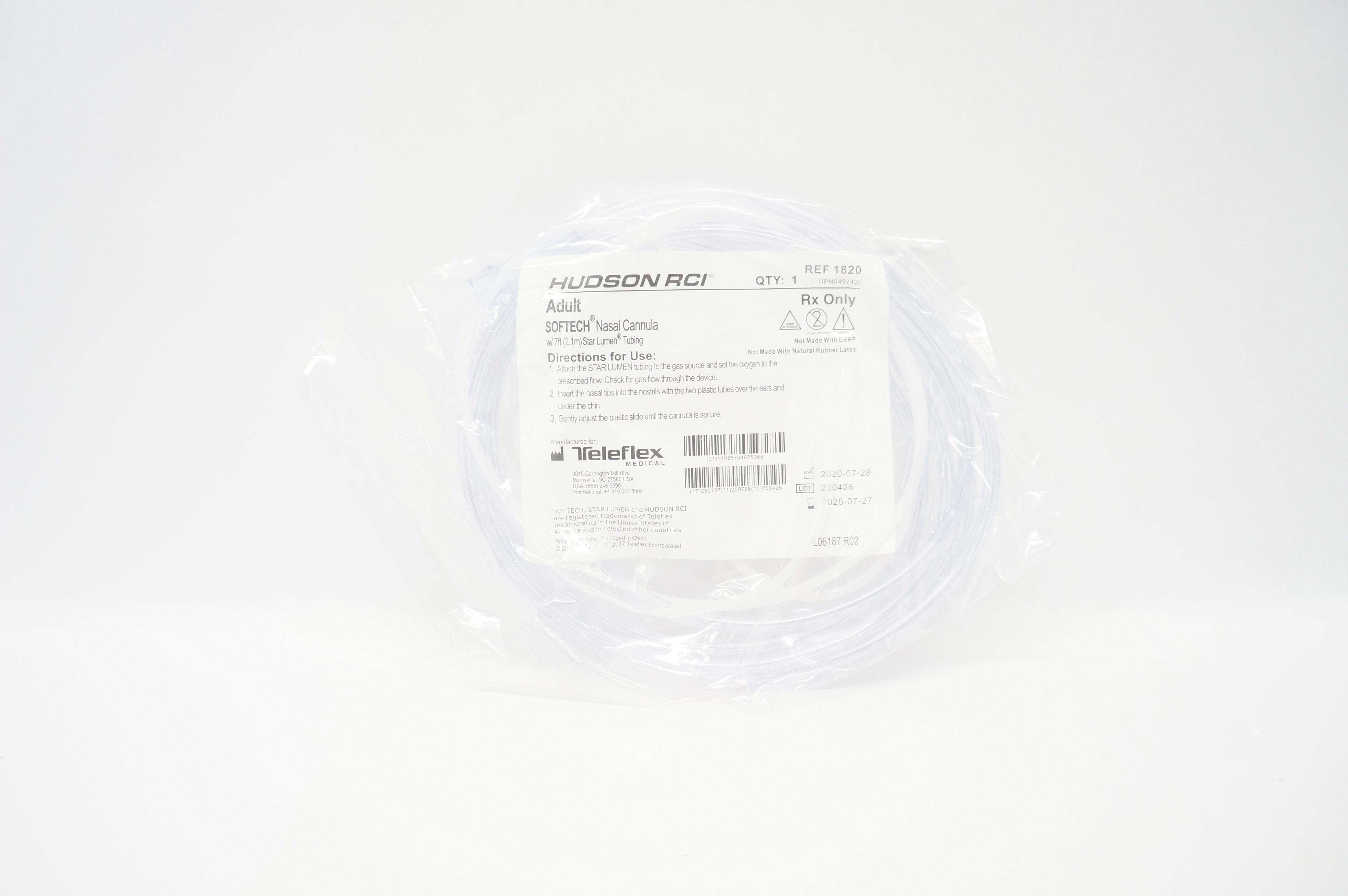 Teleflex 1820 Hudson RCI Softech Adult Nasal Cannula w/7ft Star Lumen Tubing